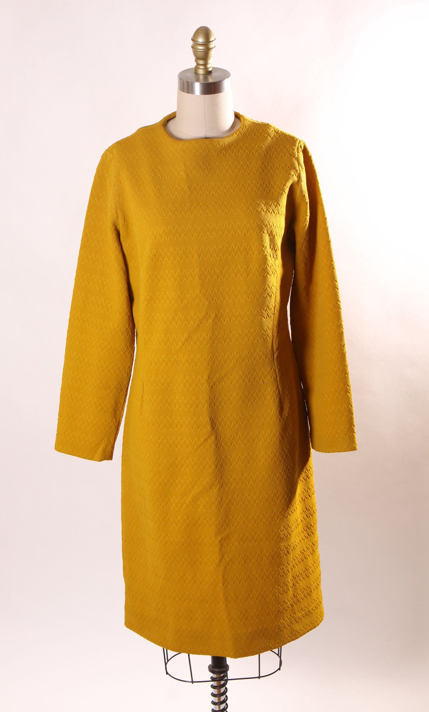 1960s Golden Yellow 3/4 Length Sleeve Polyester Shift Dress -L