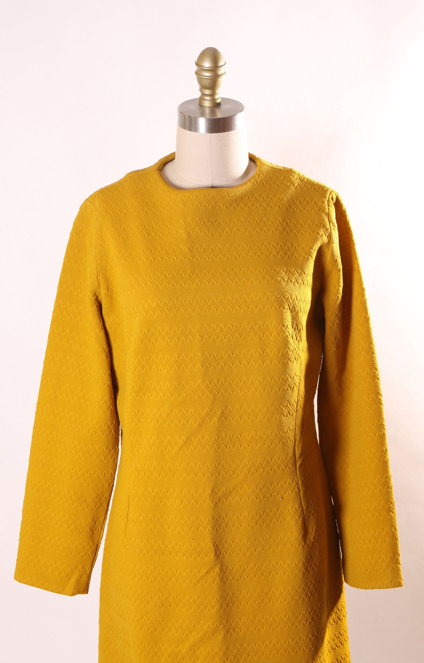 1960s Golden Yellow 3/4 Length Sleeve Polyester Shift Dress -L