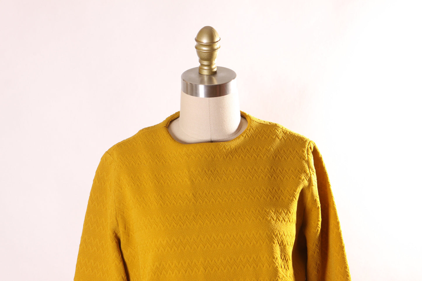1960s Golden Yellow 3/4 Length Sleeve Polyester Shift Dress -L