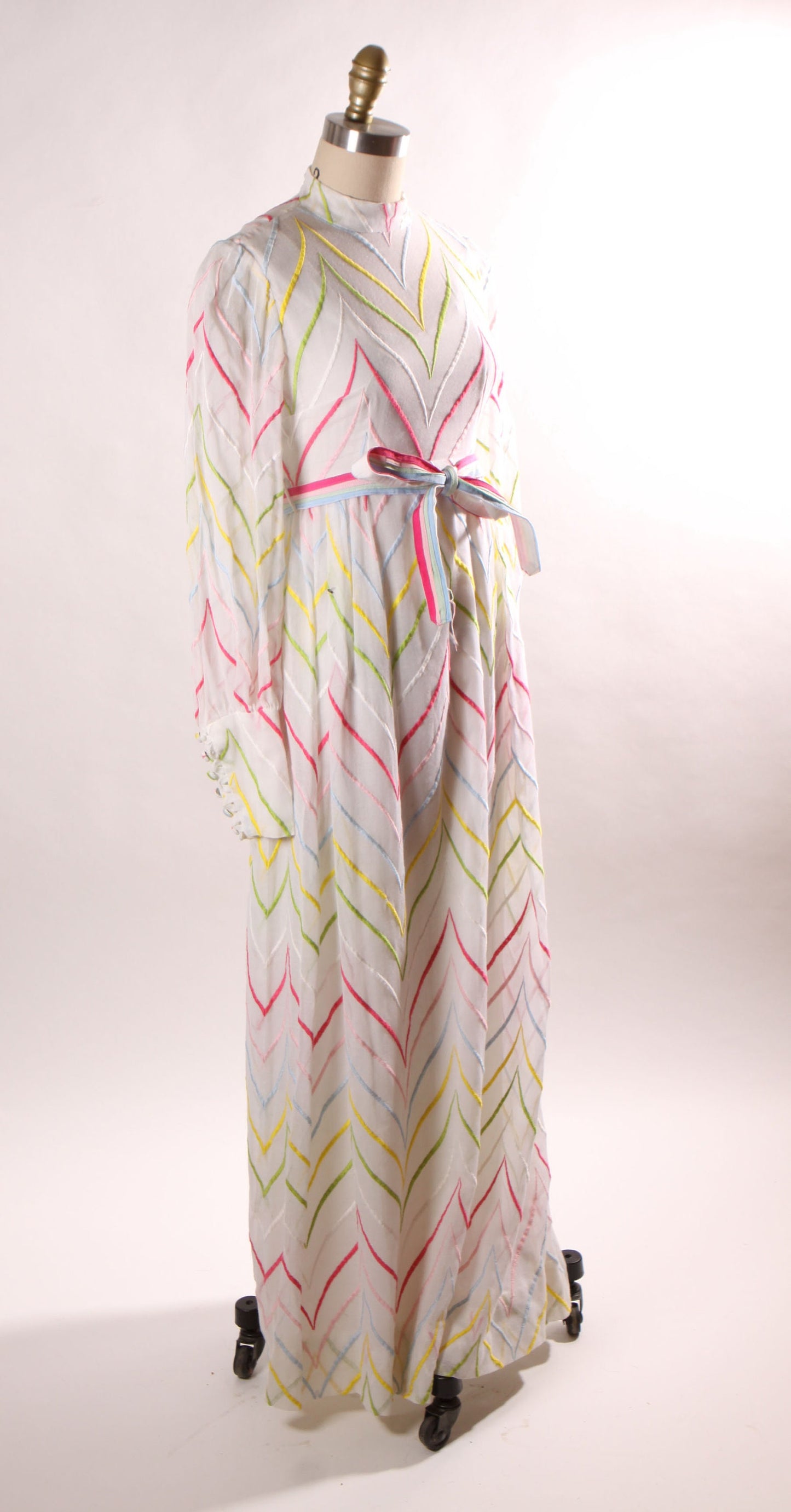 1960s White and Rainbow Striped Embroidered Long Sleeve Full Length Formal Cocktail Dress -XS