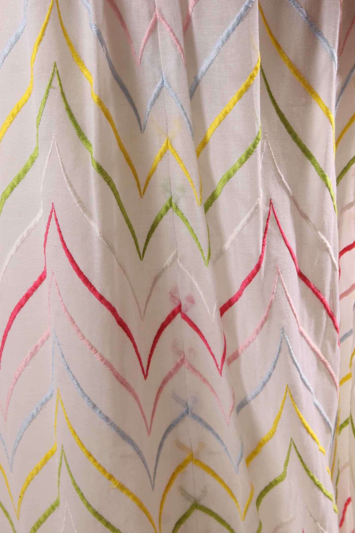 1960s White and Rainbow Striped Embroidered Long Sleeve Full Length Formal Cocktail Dress -XS