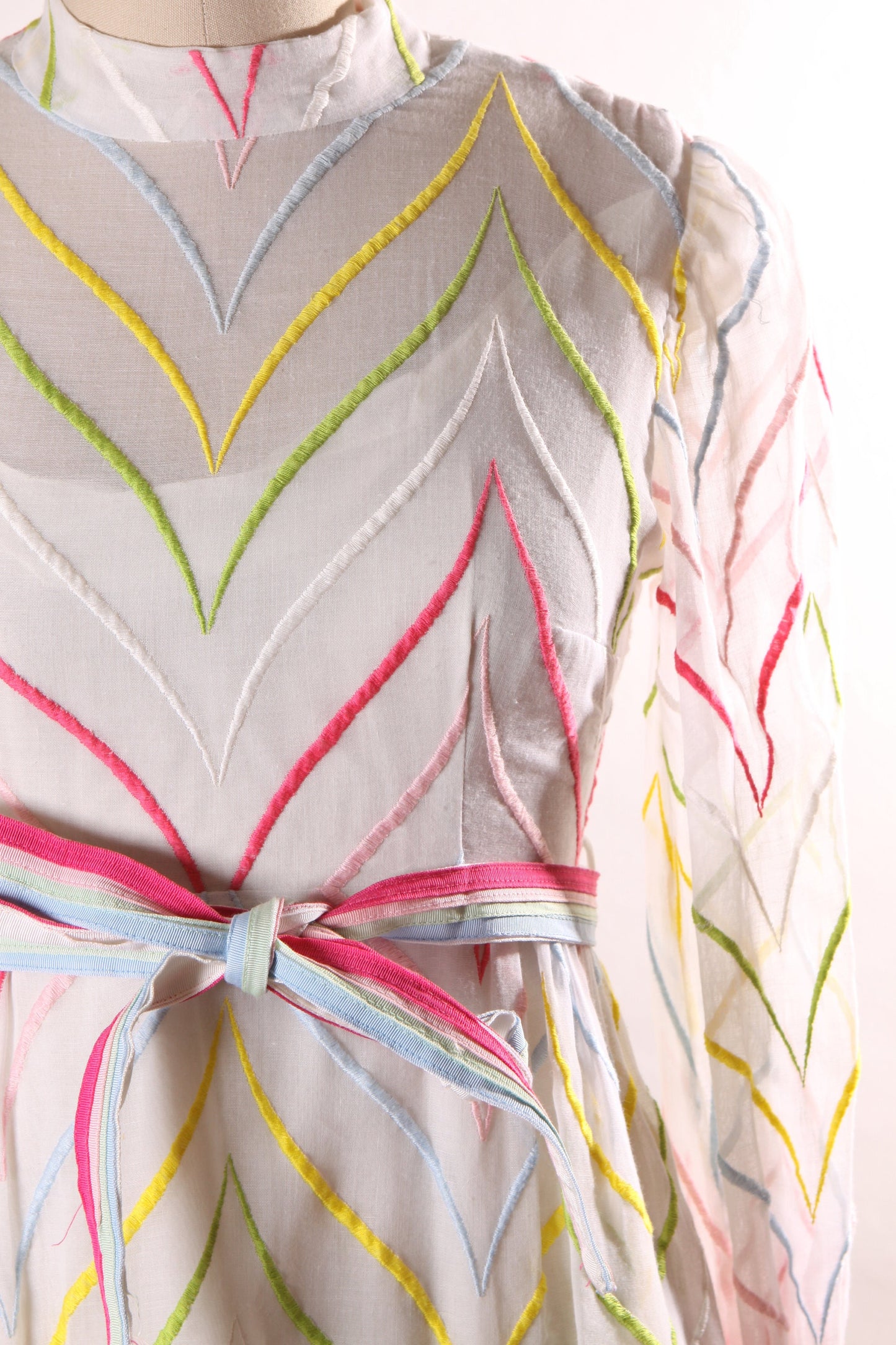 1960s White and Rainbow Striped Embroidered Long Sleeve Full Length Formal Cocktail Dress -XS