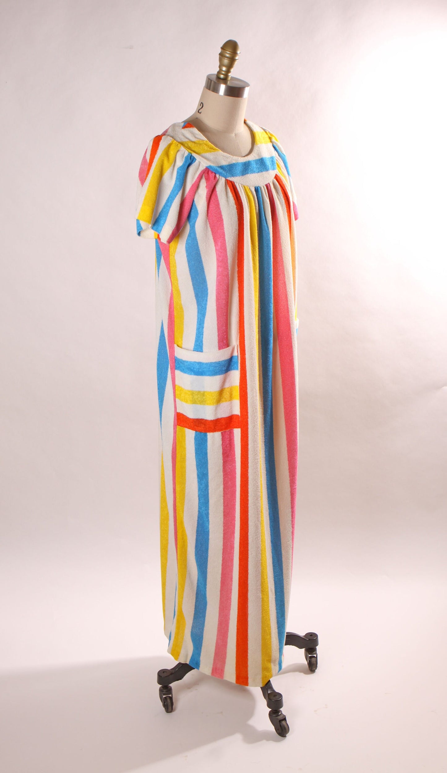 1970s White and Rainbow Striped Short Sleeve Pocketed Ankle Length Dress-S