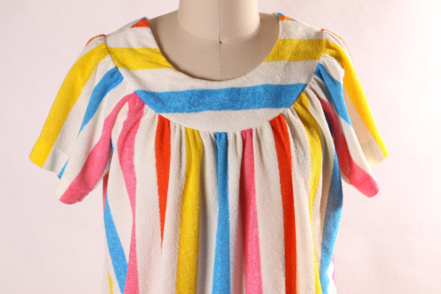 1970s White and Rainbow Striped Short Sleeve Pocketed Ankle Length Dress-S
