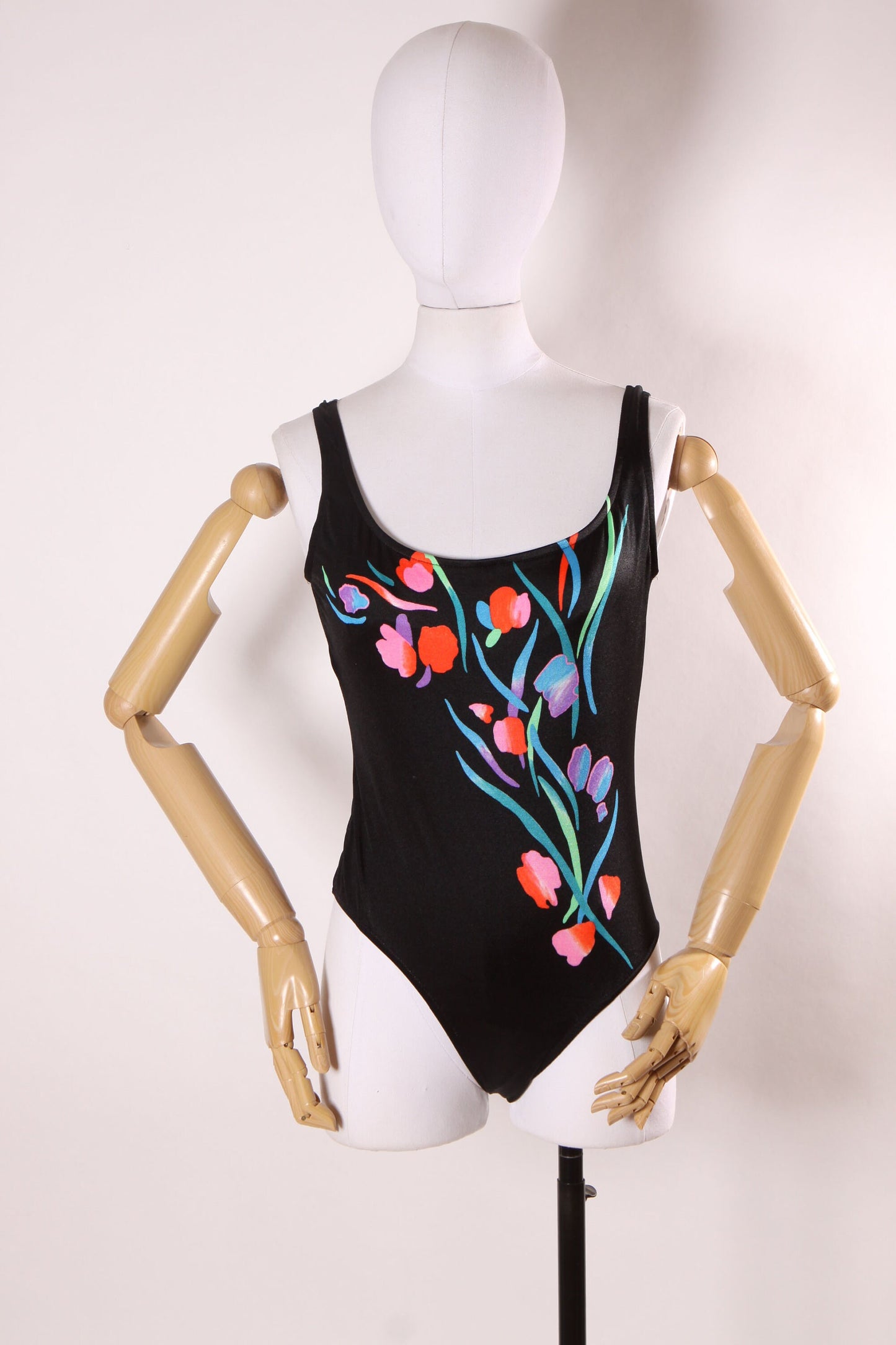 1980s 1990s Black, Green and Pink Floral One Piece Swimsuit -M