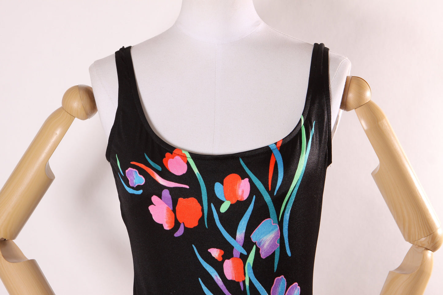 1980s 1990s Black, Green and Pink Floral One Piece Swimsuit -M