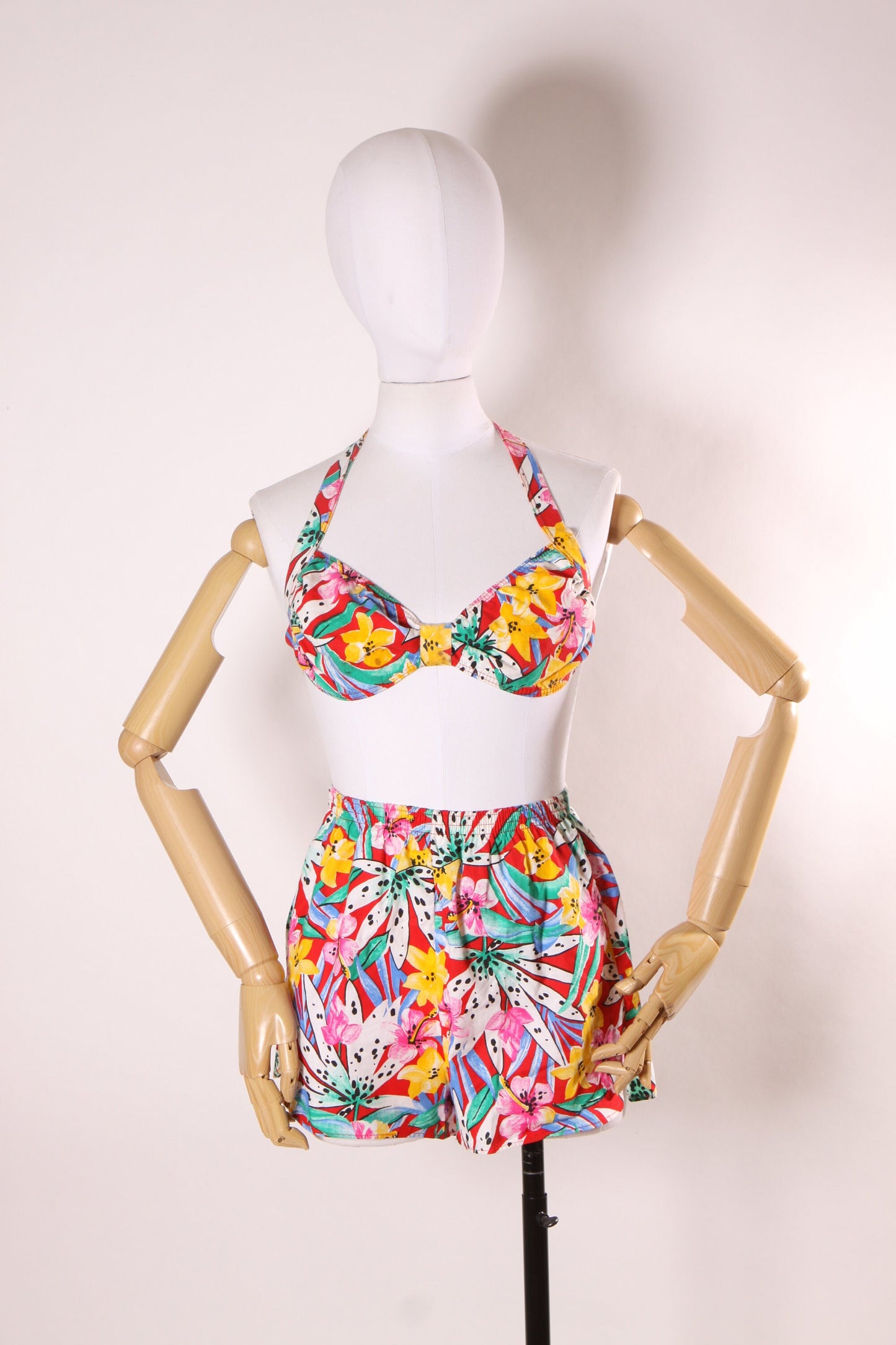 Deadstock 1980s Floral Red, Pink, Green and Yellow Floral Lily Bikini Top with Matching High Waisted Shorts Swimsuit Playsuit by Crystal Bay