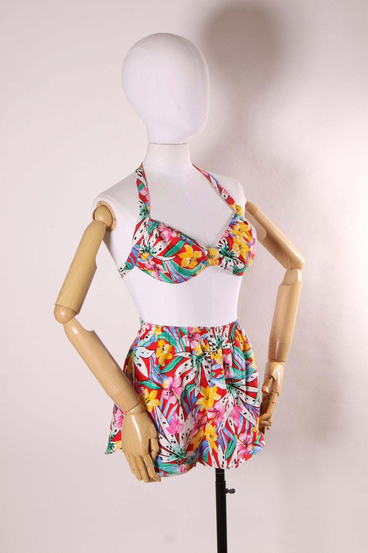 Deadstock 1980s Floral Red, Pink, Green and Yellow Floral Lily Bikini Top with Matching High Waisted Shorts Swimsuit Playsuit by Crystal Bay