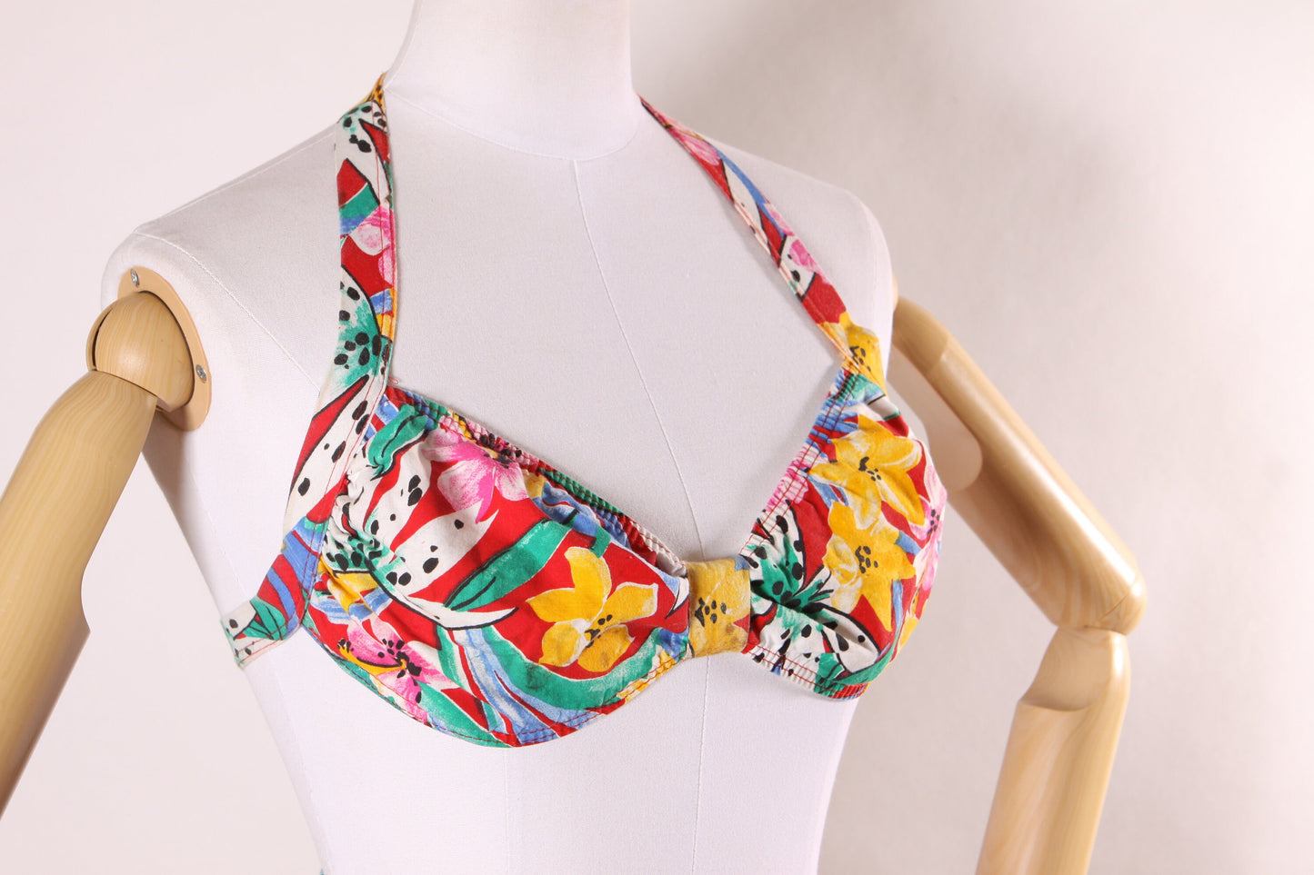 Deadstock 1980s Floral Red, Pink, Green and Yellow Floral Lily Bikini Top with Matching High Waisted Shorts Swimsuit Playsuit by Crystal Bay
