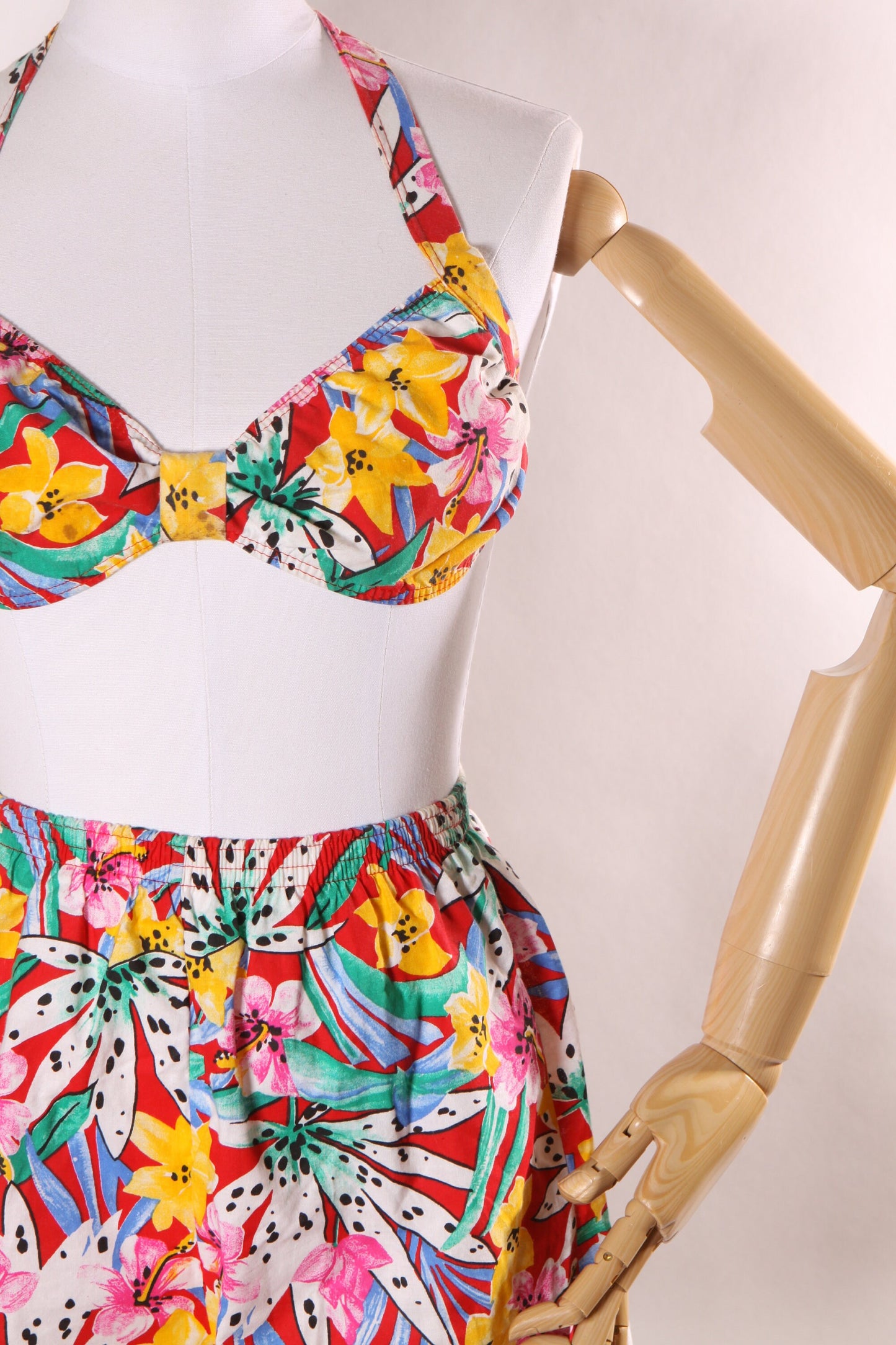 Deadstock 1980s Floral Red, Pink, Green and Yellow Floral Lily Bikini Top with Matching High Waisted Shorts Swimsuit Playsuit by Crystal Bay