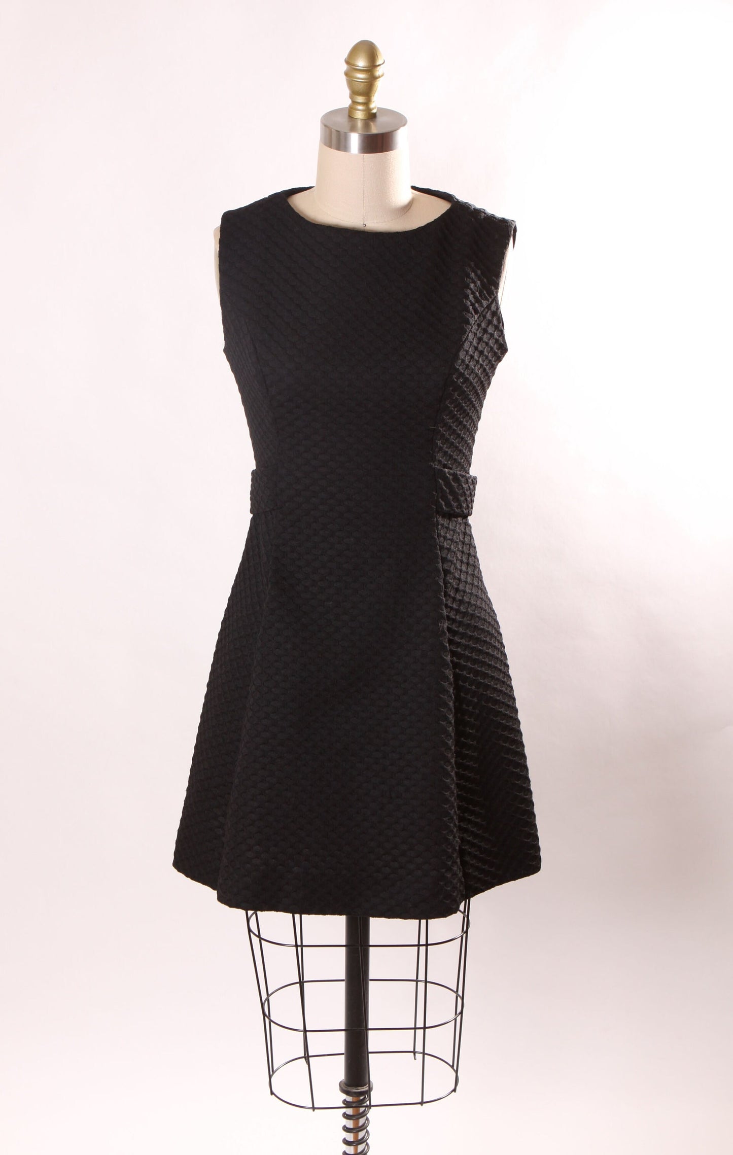 1960s Black Waffle Textured Polyester Sleeveless Back Buckle Mini Dress -XS