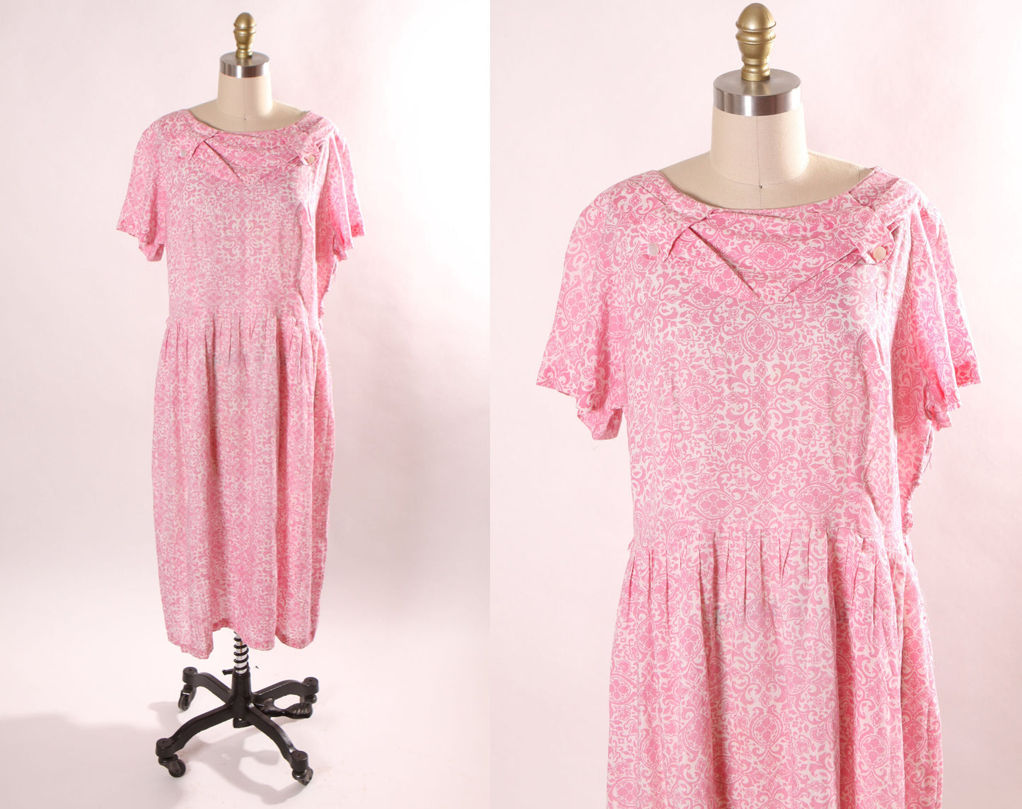 1960s Pink and White Swirl Short Sleeve Button Detail Plus Size Volup Dress by Sears -1XL