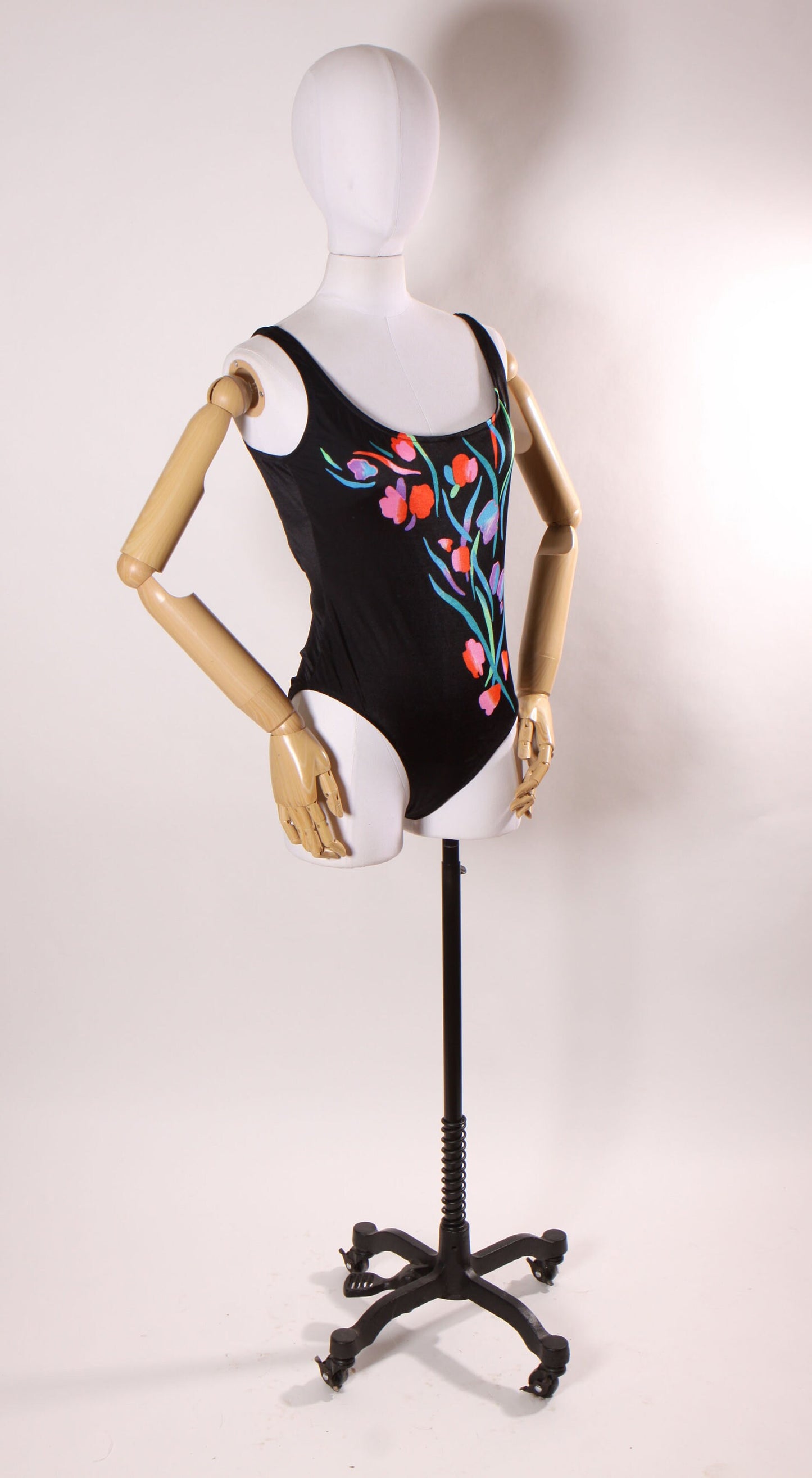 1980s 1990s Black, Green and Pink Floral One Piece Swimsuit -M