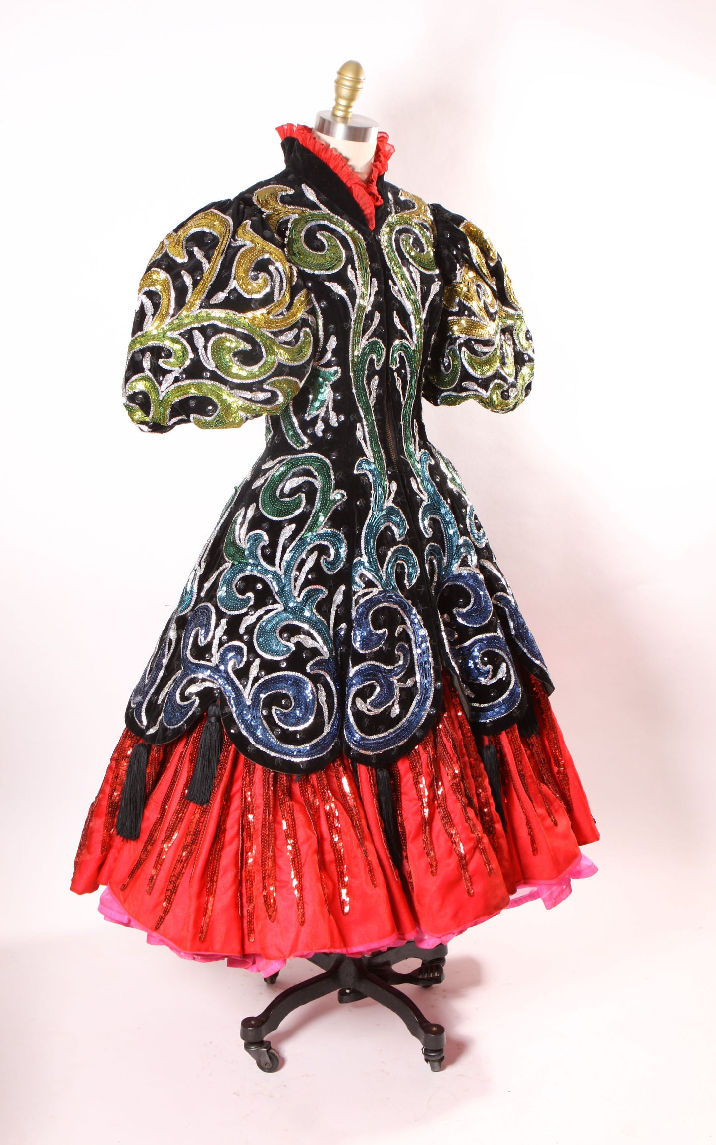 1950s Black Velvet Yellow Green and Blue Ombre Sequin Swirl Can Can Tassel Fringe Circus Showgirl Burlesque Costume Dress by Brooks-Van Horn