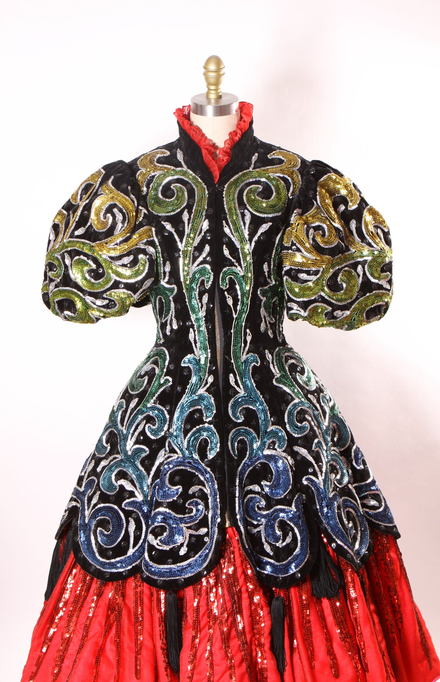 1950s Black Velvet Yellow Green and Blue Ombre Sequin Swirl Can Can Tassel Fringe Circus Showgirl Burlesque Costume Dress by Brooks-Van Horn