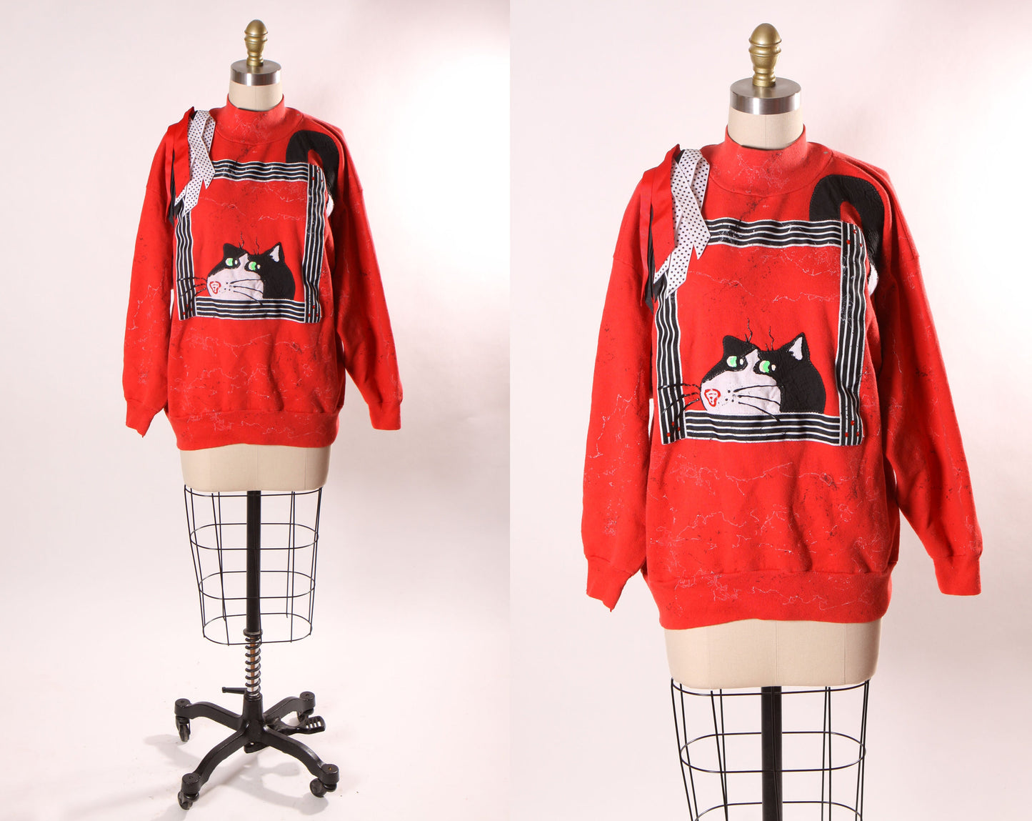 1980s Red, Black and White Novelty Cat Ribbon Detail Paint Splattrr Long Sleeve Pullover Sweatahirt by Sunbelt
