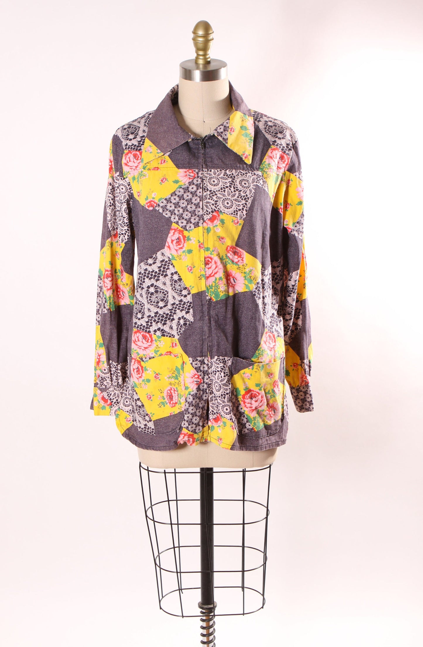 Late 1960s Blue Denim, White Lace and Floral Patchwork Print Long Sleeve Zip Up Front Blouse -M