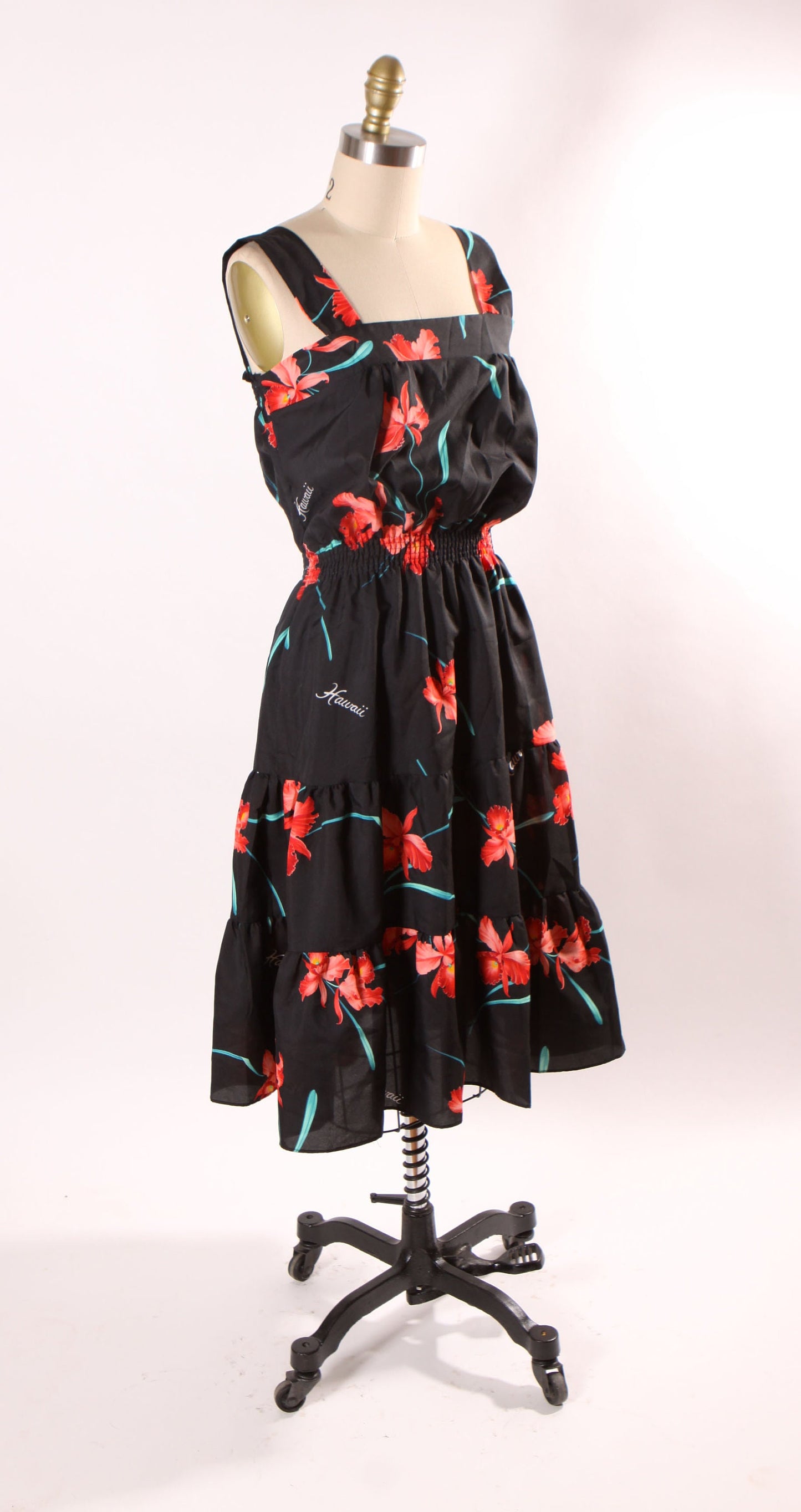 1980s Black, Green and Red Hibiscus Wide Strap Elastic Waist Tropical Hawaiian Dress by Casual Wear Made in Hawaii -M