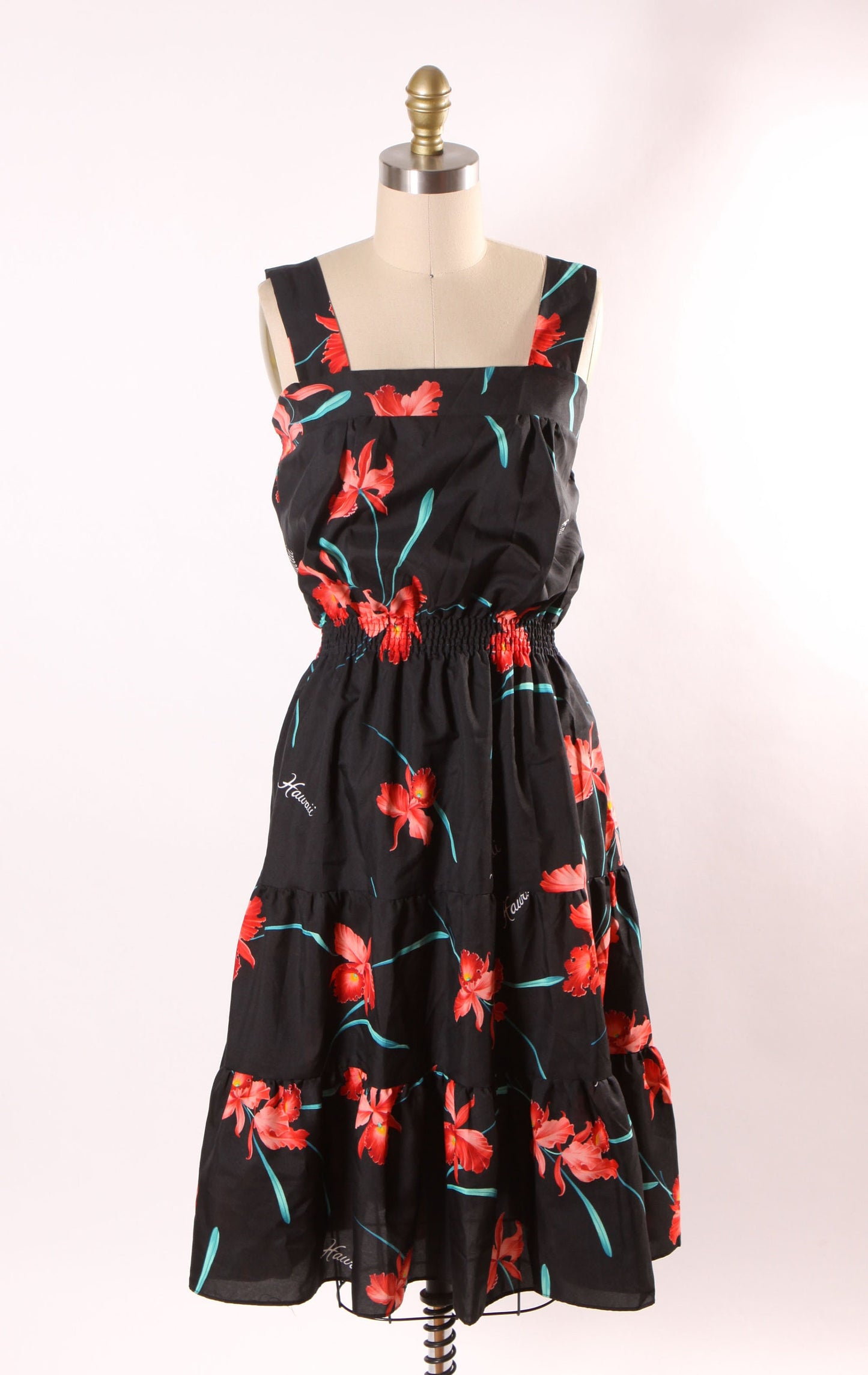 1980s Black, Green and Red Hibiscus Wide Strap Elastic Waist Tropical Hawaiian Dress by Casual Wear Made in Hawaii -M
