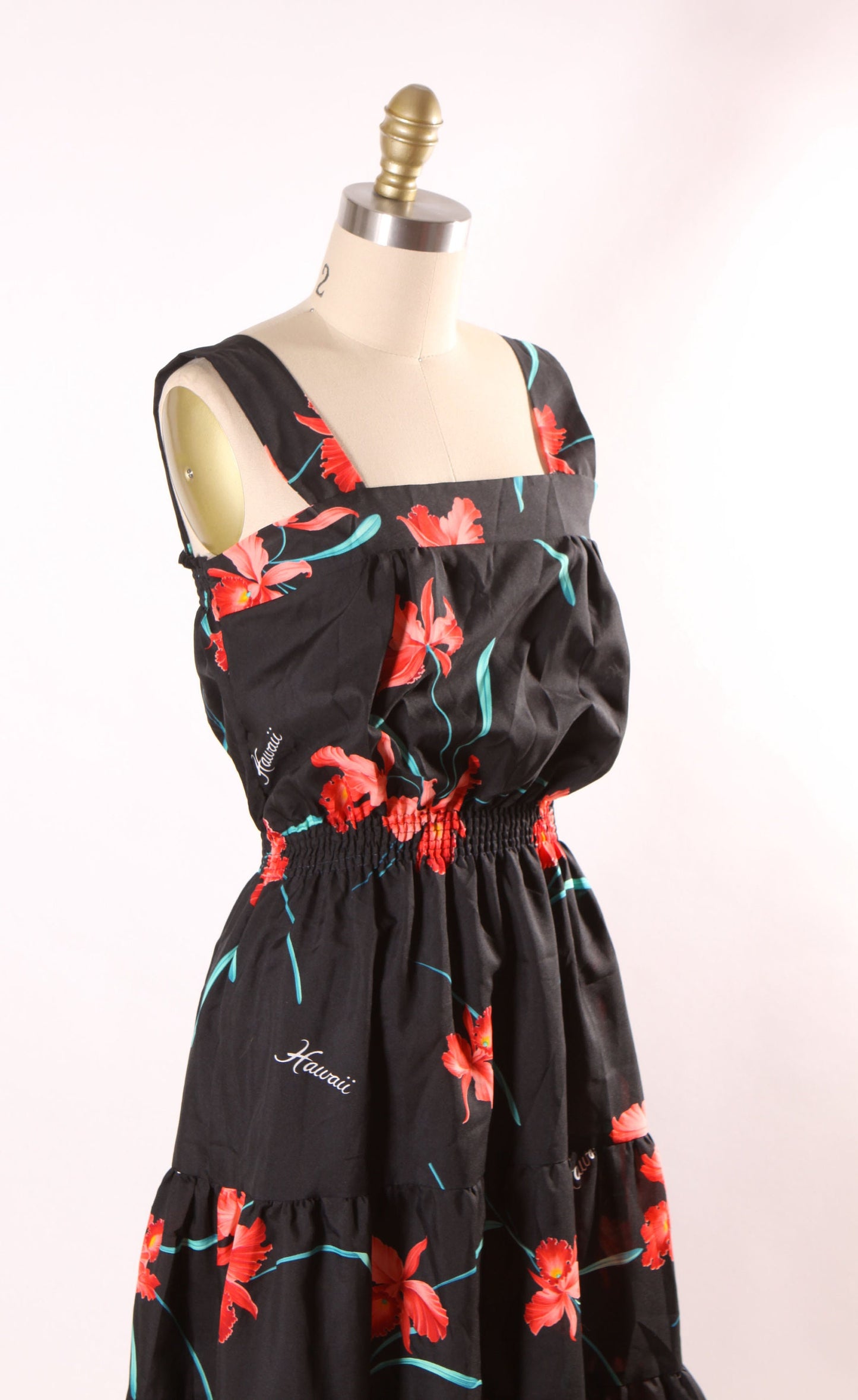1980s Black, Green and Red Hibiscus Wide Strap Elastic Waist Tropical Hawaiian Dress by Casual Wear Made in Hawaii -M