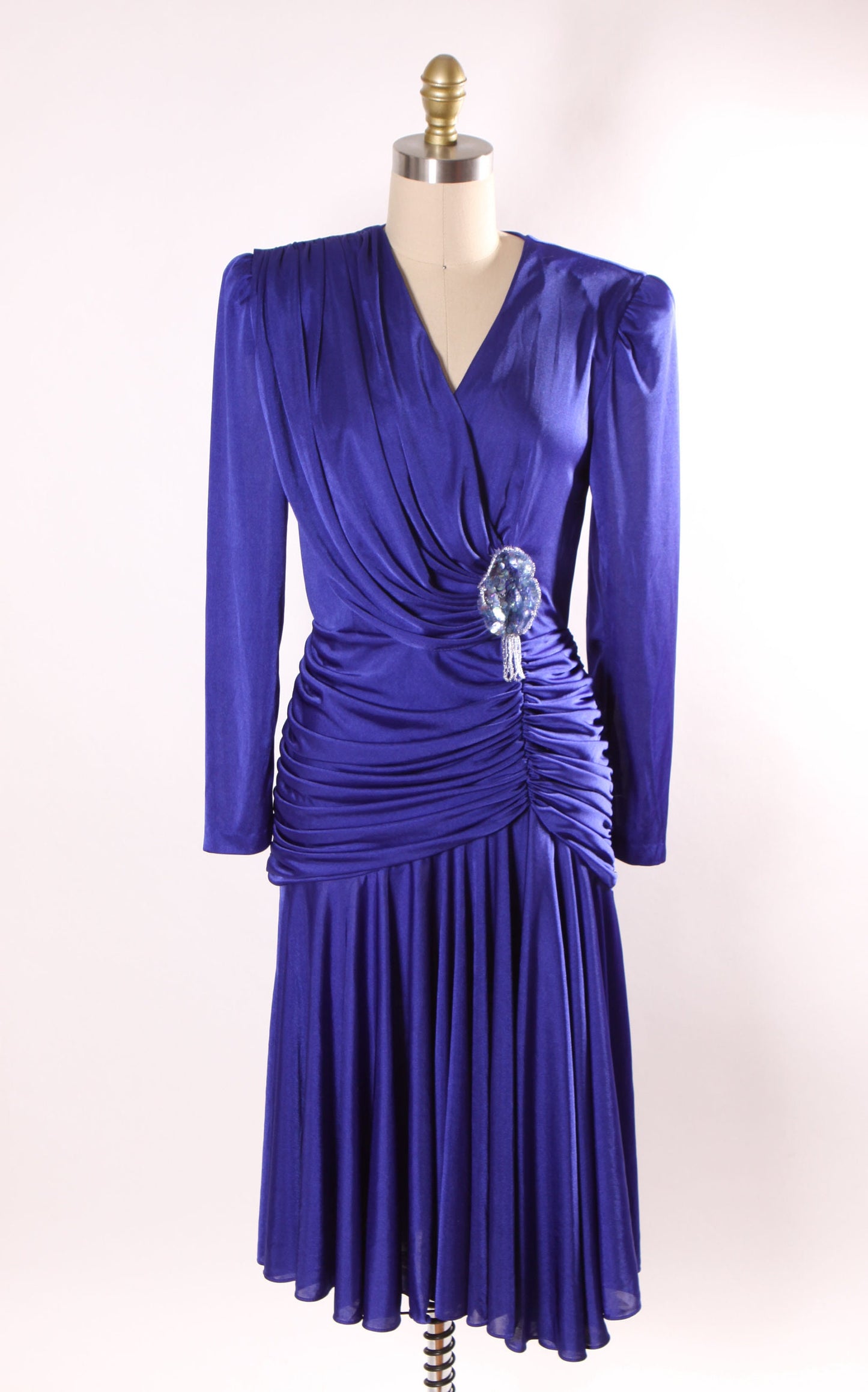 1980s Blue Long Sleeved Draped Gathered Bodice Beaded Flower Detail Hollywood Regency Dress by David Rose -S