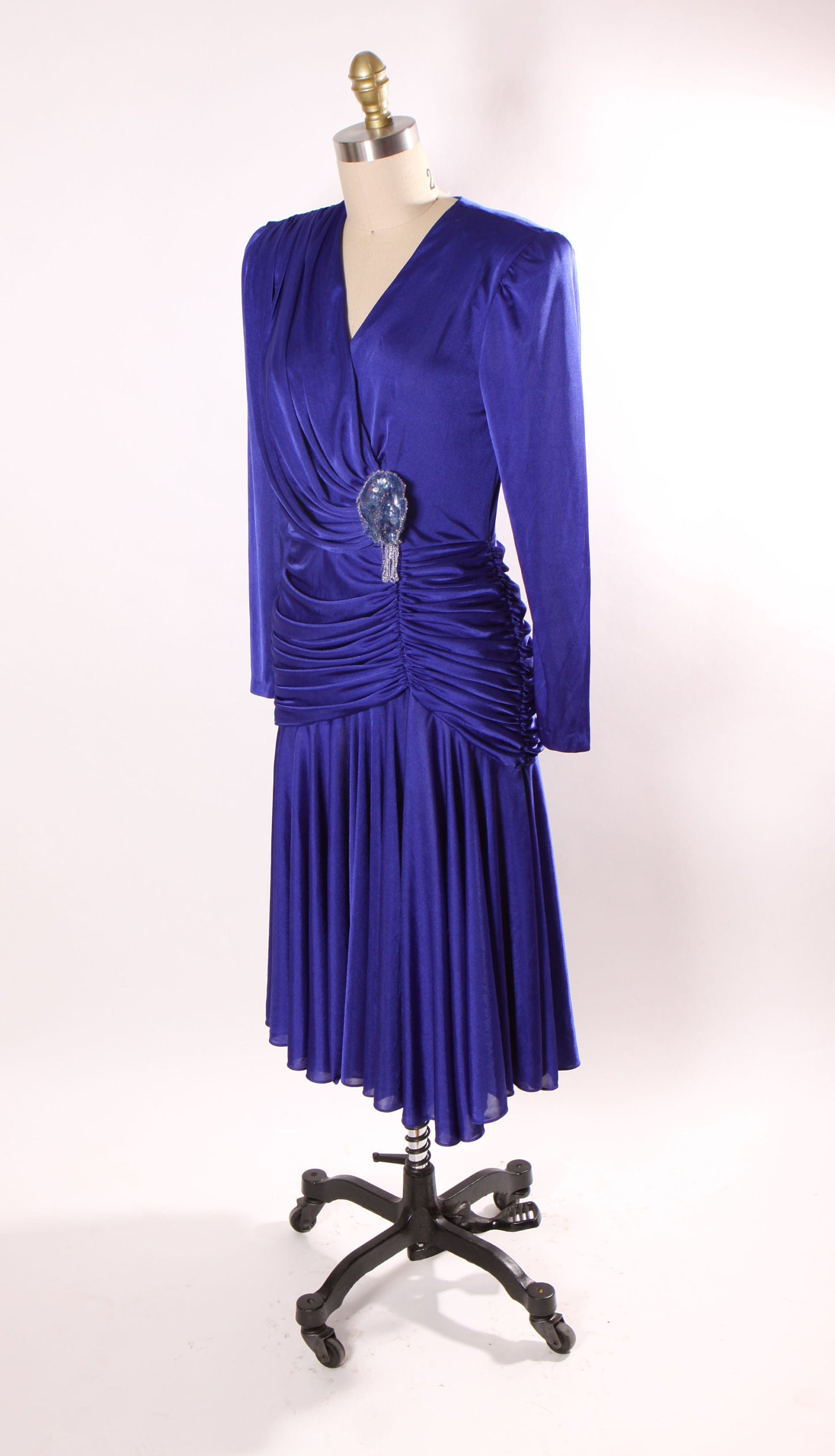 1980s Blue Long Sleeved Draped Gathered Bodice Beaded Flower Detail Hollywood Regency Dress by David Rose -S