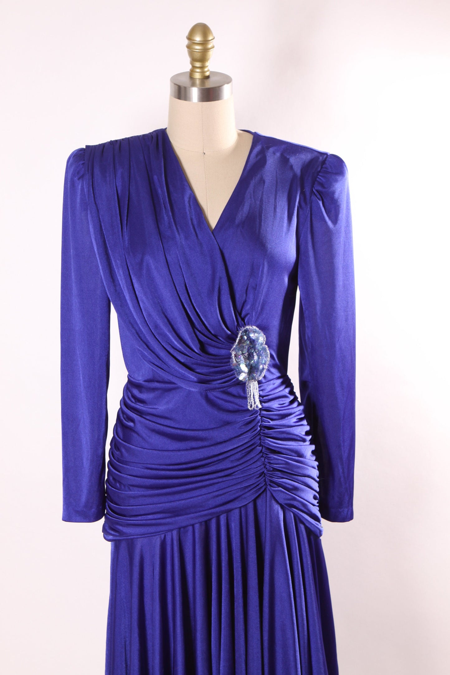 1980s Blue Long Sleeved Draped Gathered Bodice Beaded Flower Detail Hollywood Regency Dress by David Rose -S