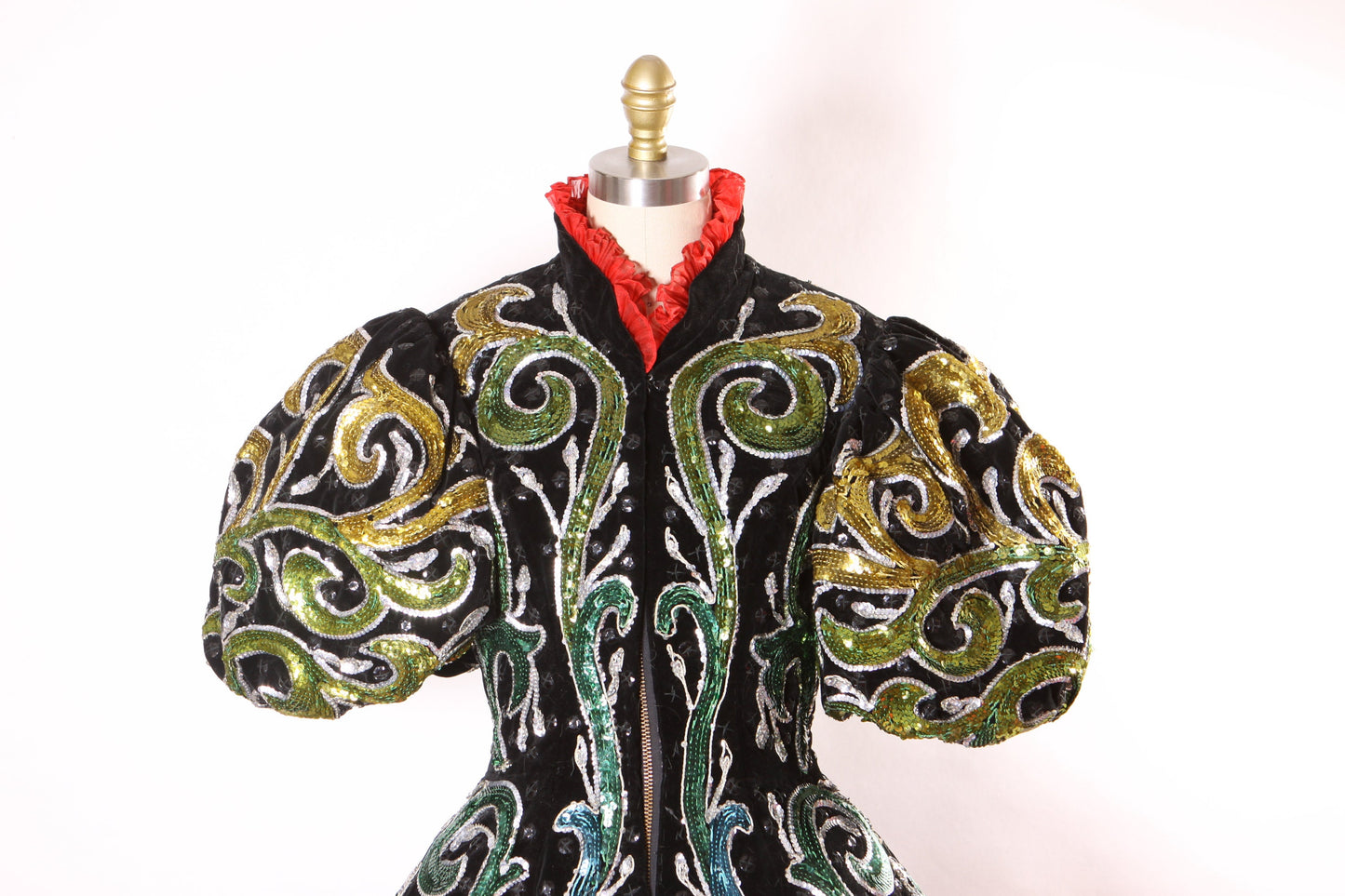 1950s Black Velvet Yellow Green and Blue Ombre Sequin Swirl Can Can Tassel Fringe Circus Showgirl Burlesque Costume Dress by Brooks-Van Horn