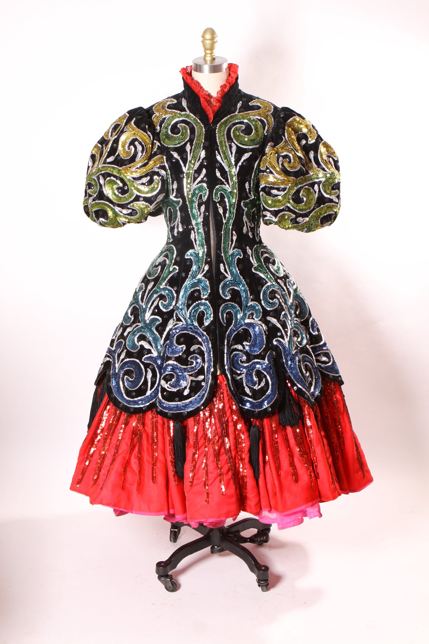 1950s Black Velvet Yellow Green and Blue Ombre Sequin Swirl Can Can Tassel Fringe Circus Showgirl Burlesque Costume Dress by Brooks-Van Horn