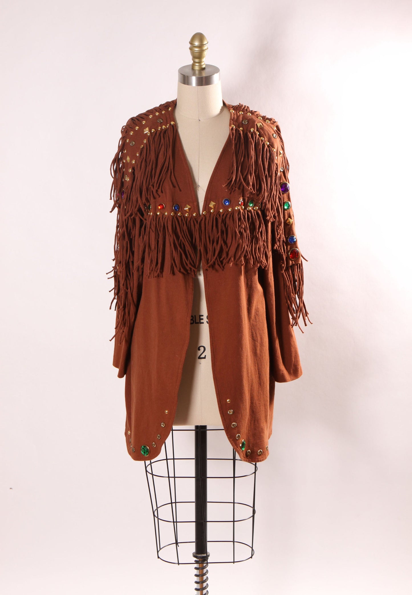 1980s Brown Long Sleeve Rainbow Bedazzled Gemstone Fringe Jacket by Sopia -S