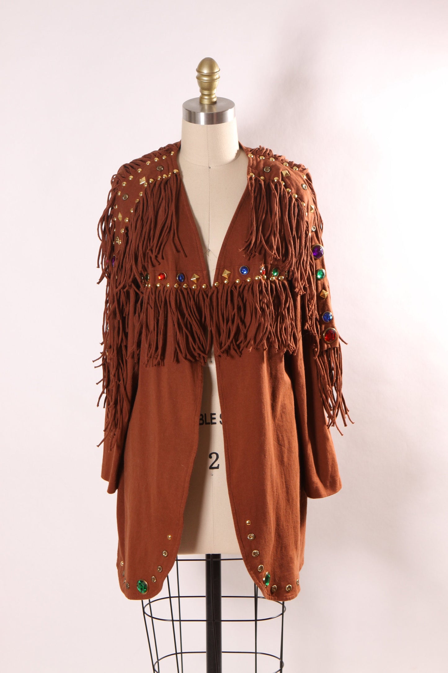 1980s Brown Long Sleeve Rainbow Bedazzled Gemstone Fringe Jacket by Sopia -S