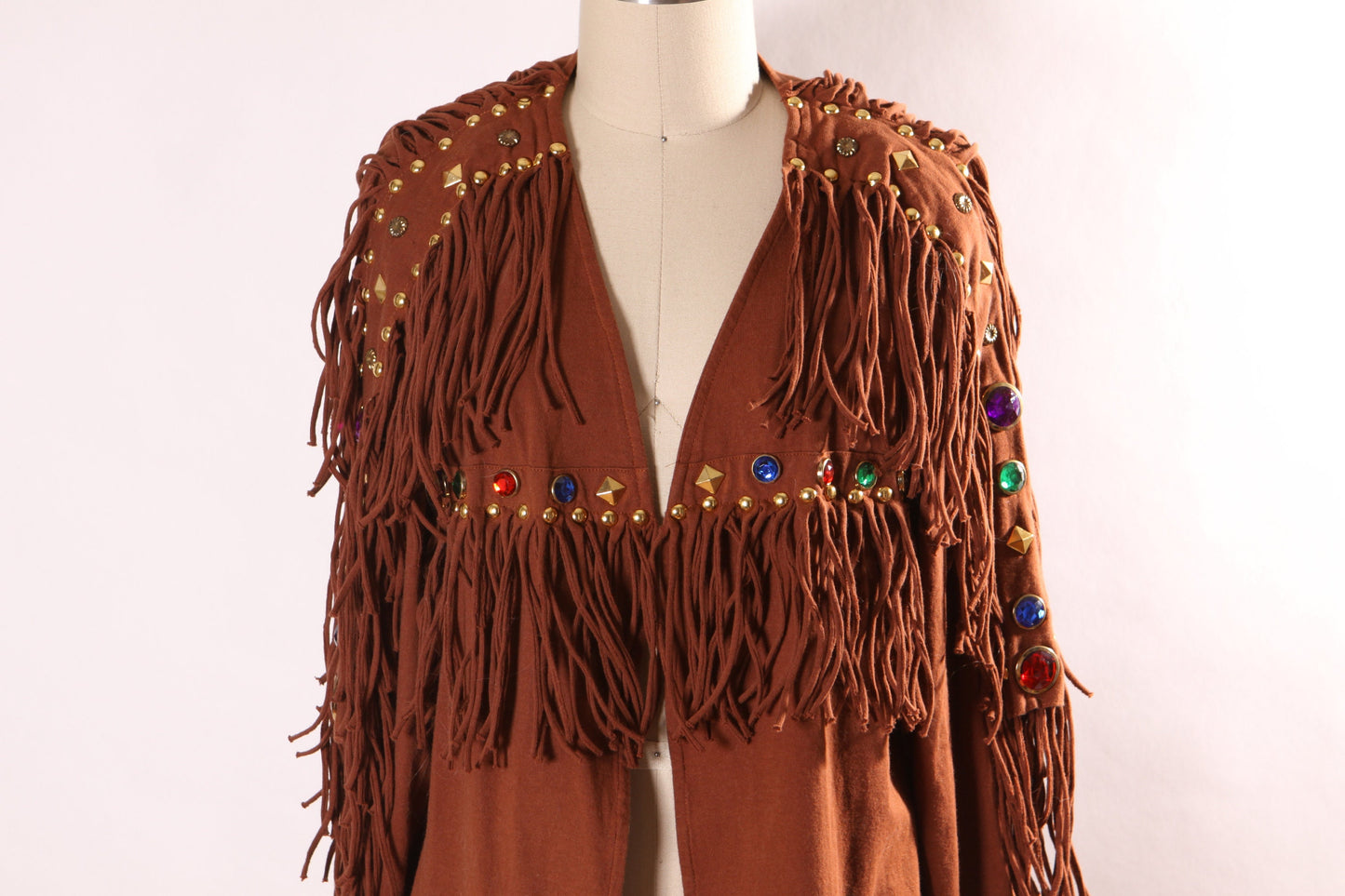 1980s Brown Long Sleeve Rainbow Bedazzled Gemstone Fringe Jacket by Sopia -S