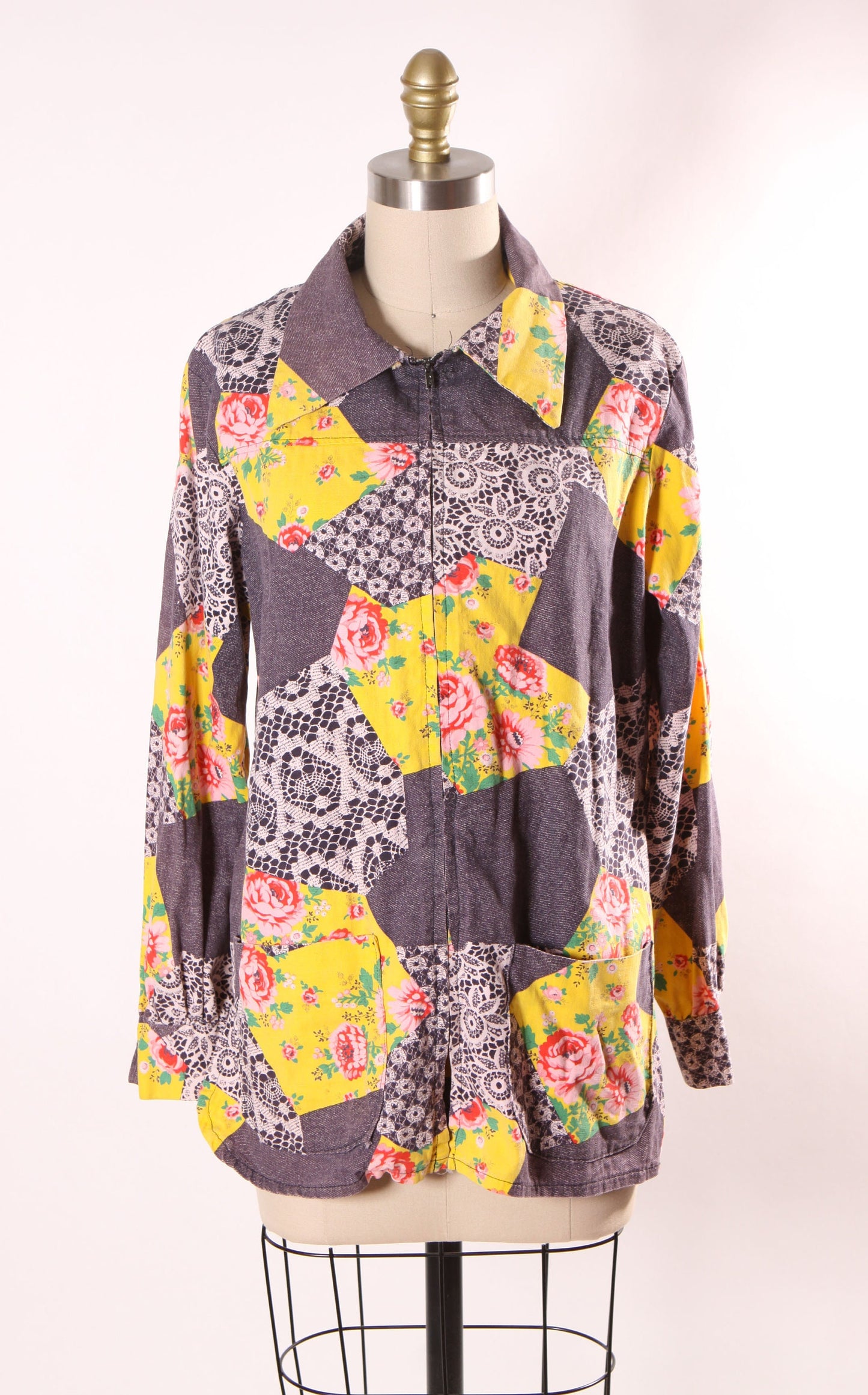 Late 1960s Blue Denim, White Lace and Floral Patchwork Print Long Sleeve Zip Up Front Blouse -M