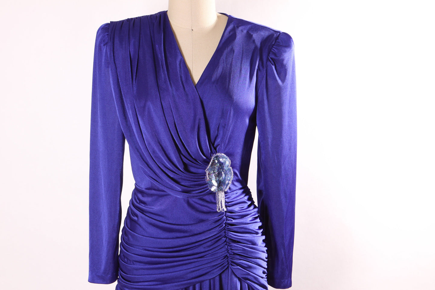 1980s Blue Long Sleeved Draped Gathered Bodice Beaded Flower Detail Hollywood Regency Dress by David Rose -S