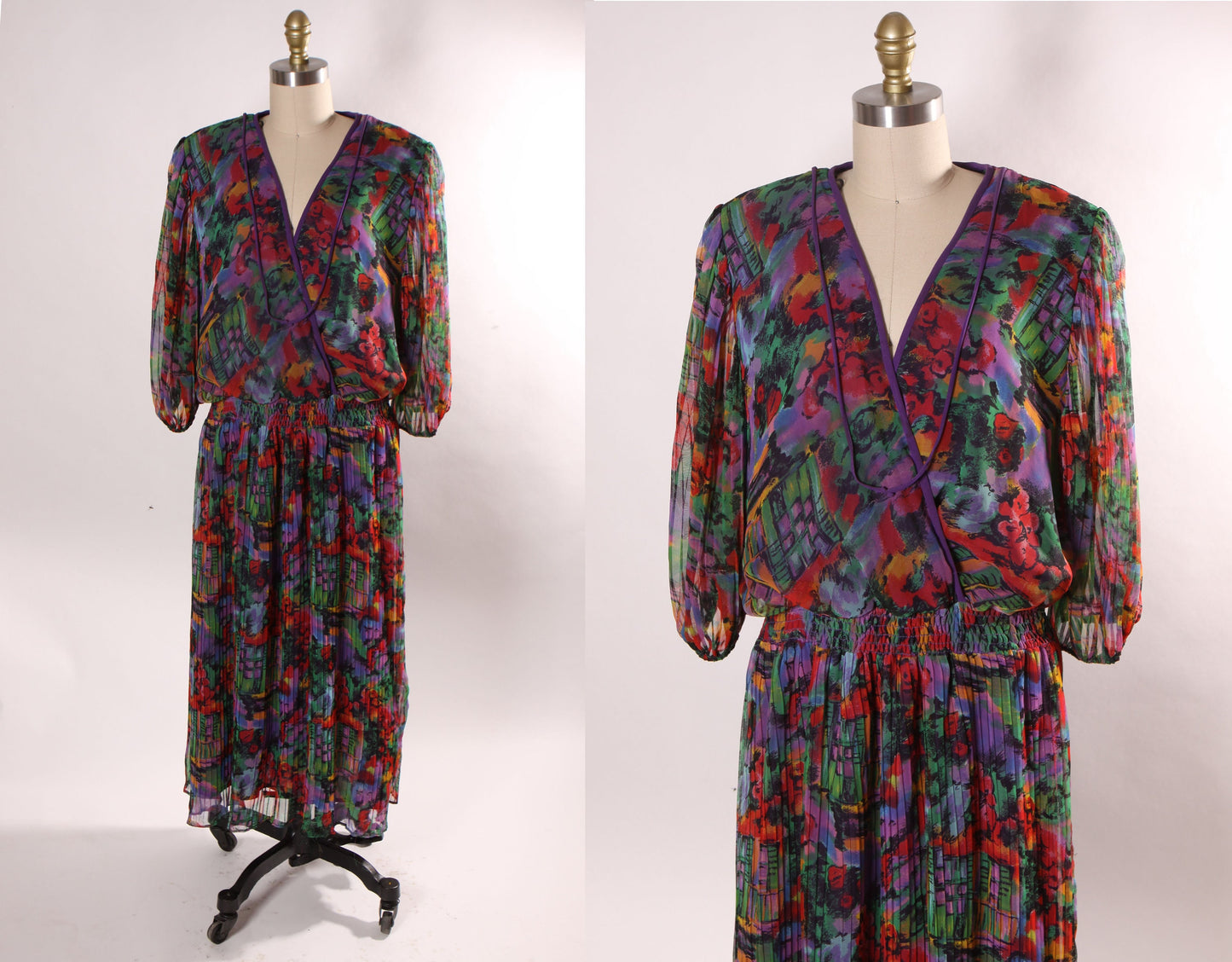 1980s Purple, Red, Green and Black Novelty Painterly Scenic Street Long Sleeve Draped Dress by Brownstone Studio -2XL