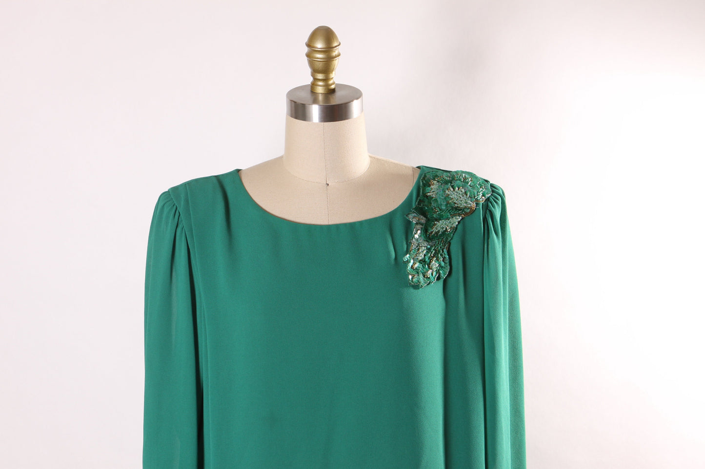 1980s Emerald Green Tiered Long Sleeve Sequin Shoulder Detail Formal Dress by Ursula -L