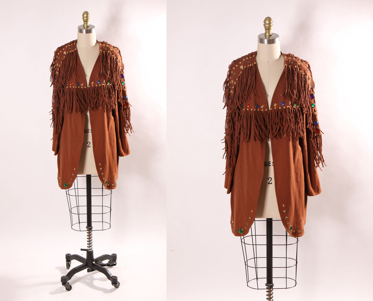 1980s Brown Long Sleeve Rainbow Bedazzled Gemstone Fringe Jacket by Sopia -S