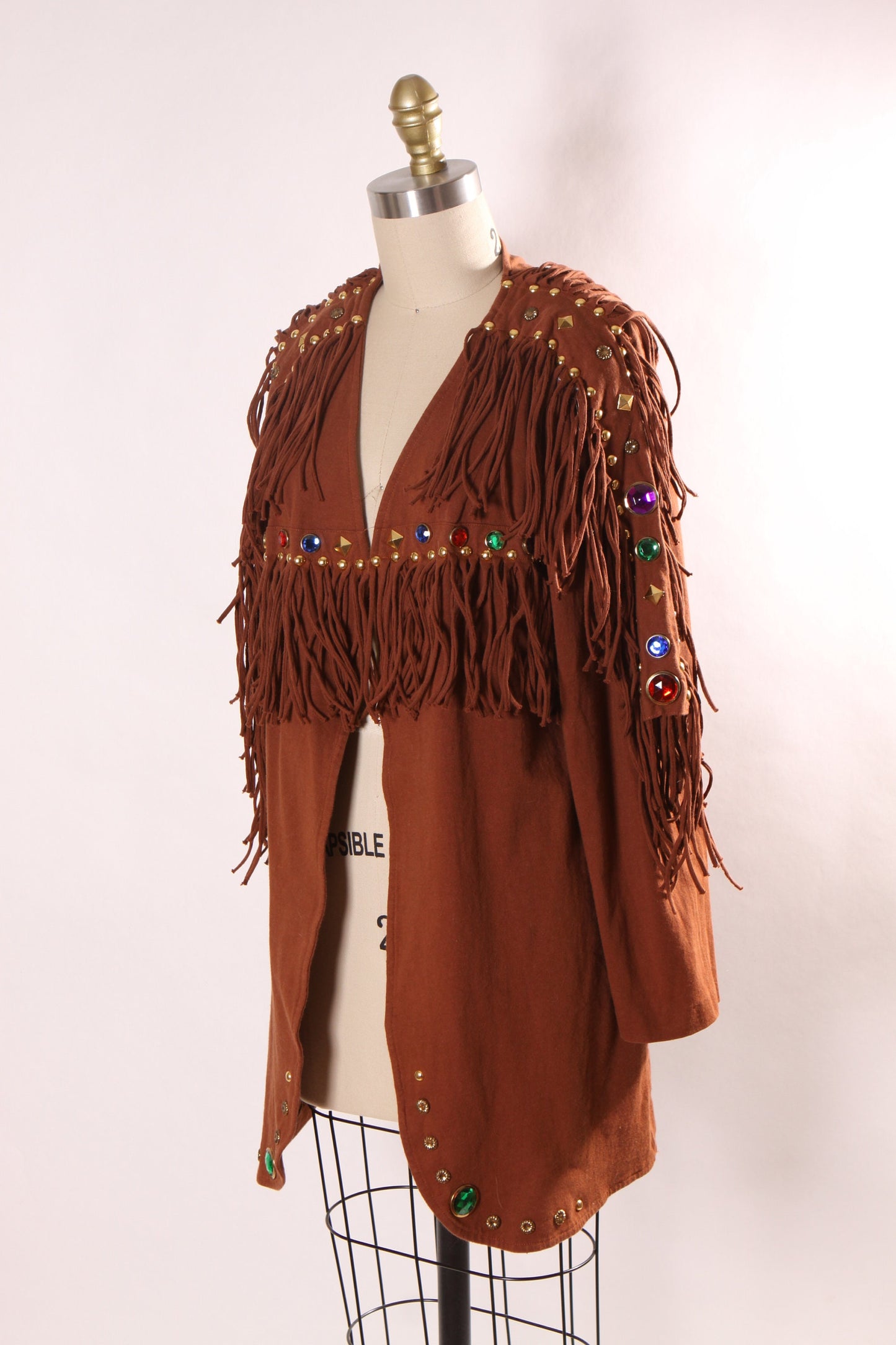 1980s Brown Long Sleeve Rainbow Bedazzled Gemstone Fringe Jacket by Sopia -S