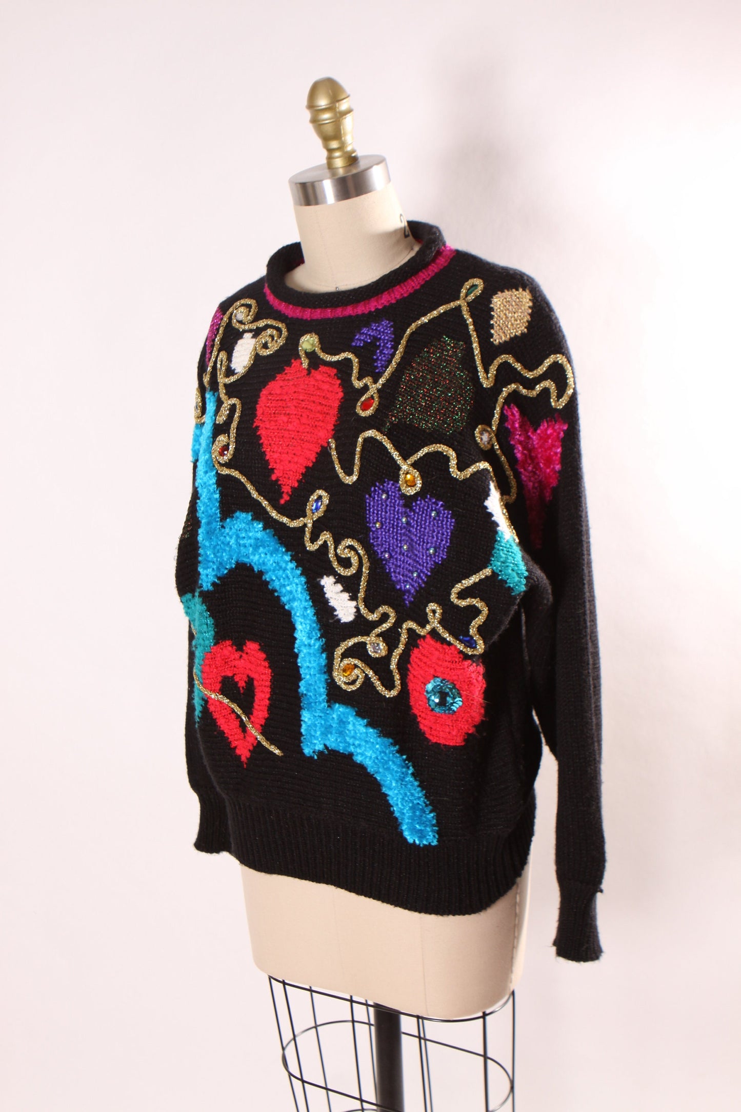 1980s Black, Pink, Blue and Gold Abstract Geometric Heart Knit Pullover Sweater by Jaclyn Smith -L