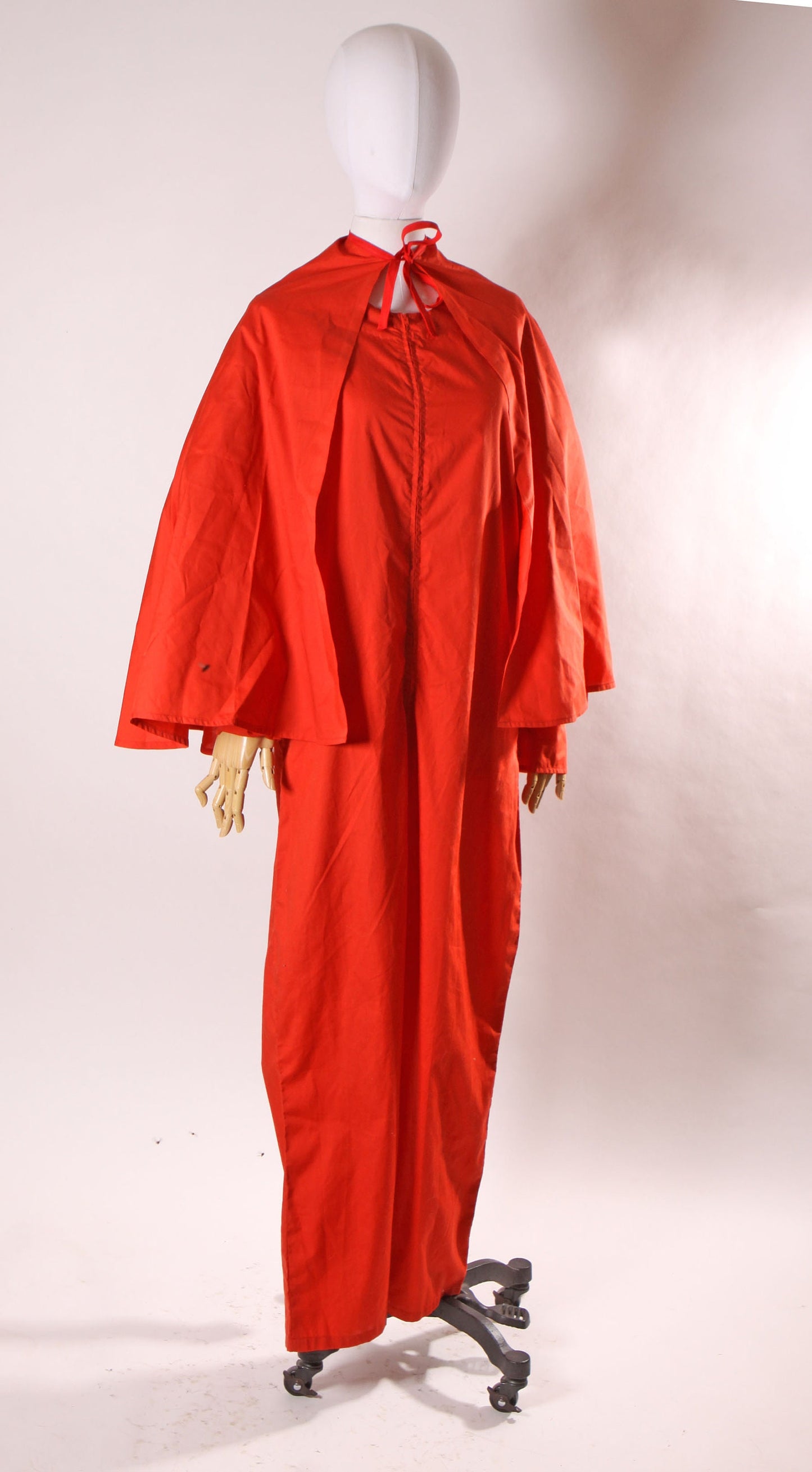 1970s 1980s Red Long Sleeve One Piece Jumpsuit with Matching Red Cape Pointed Tail Devil Costume -M