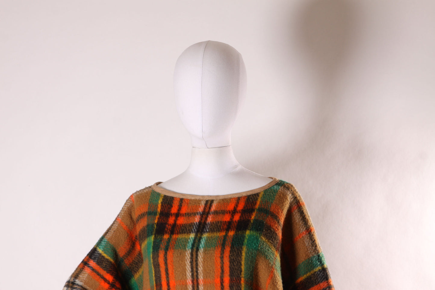 1960s Orange, Black and Green Plaid Fringe Hem Fall Poncho