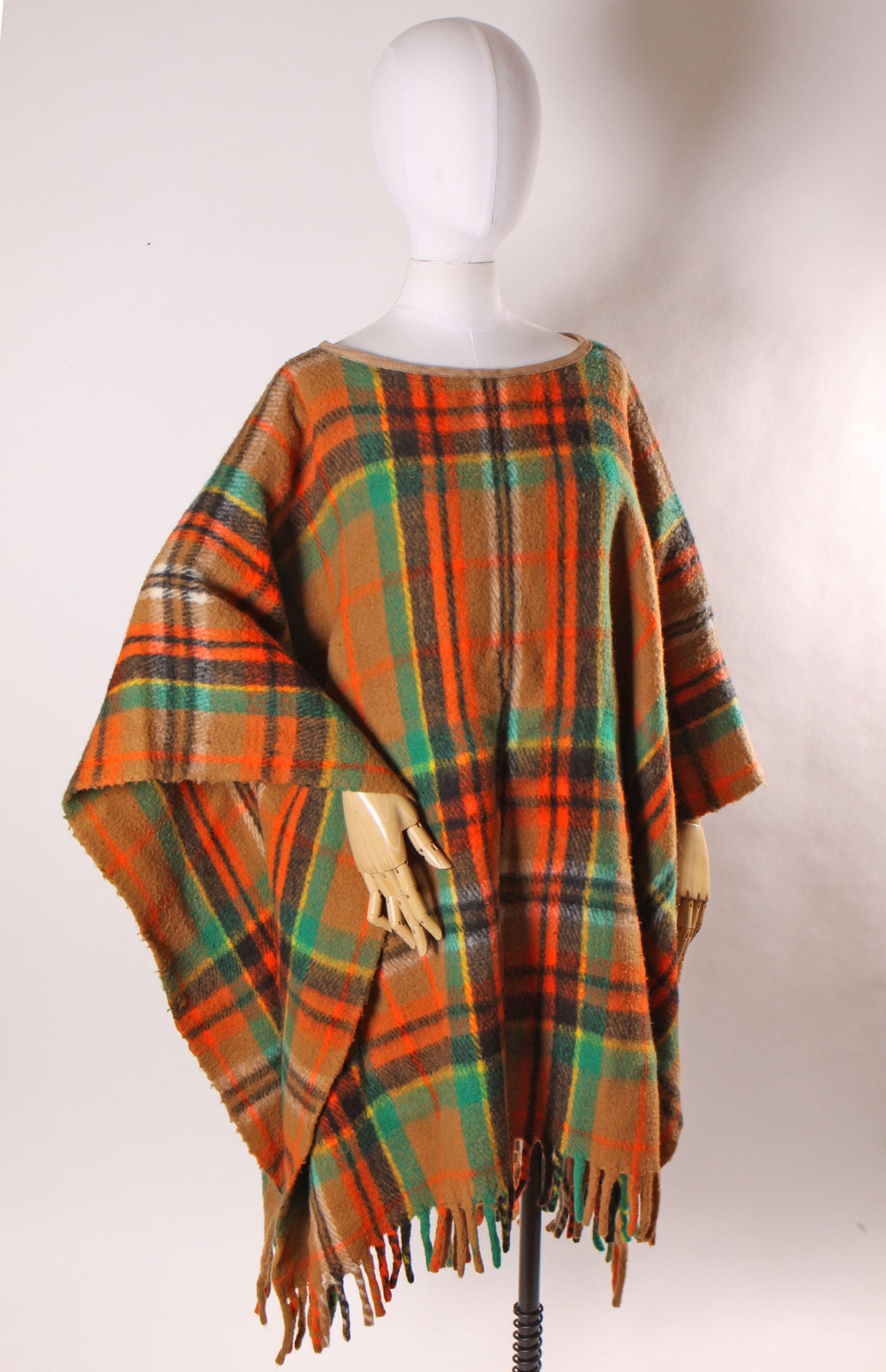 1960s Orange, Black and Green Plaid Fringe Hem Fall Poncho