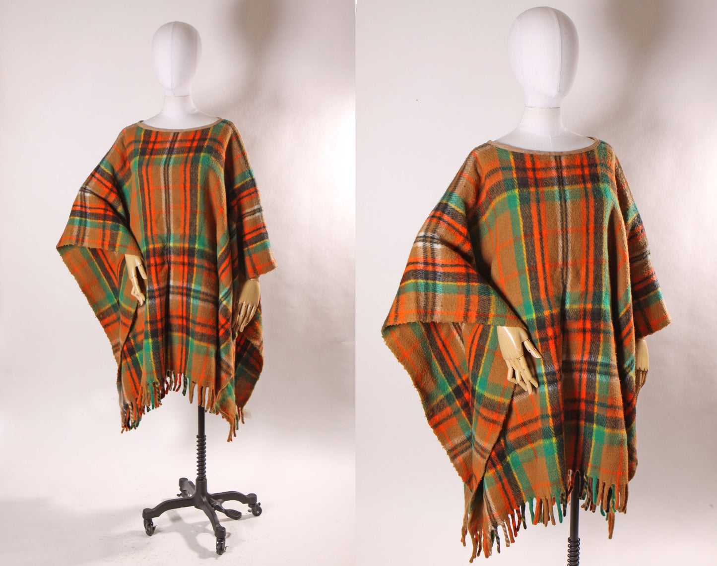 1960s Orange, Black and Green Plaid Fringe Hem Fall Poncho