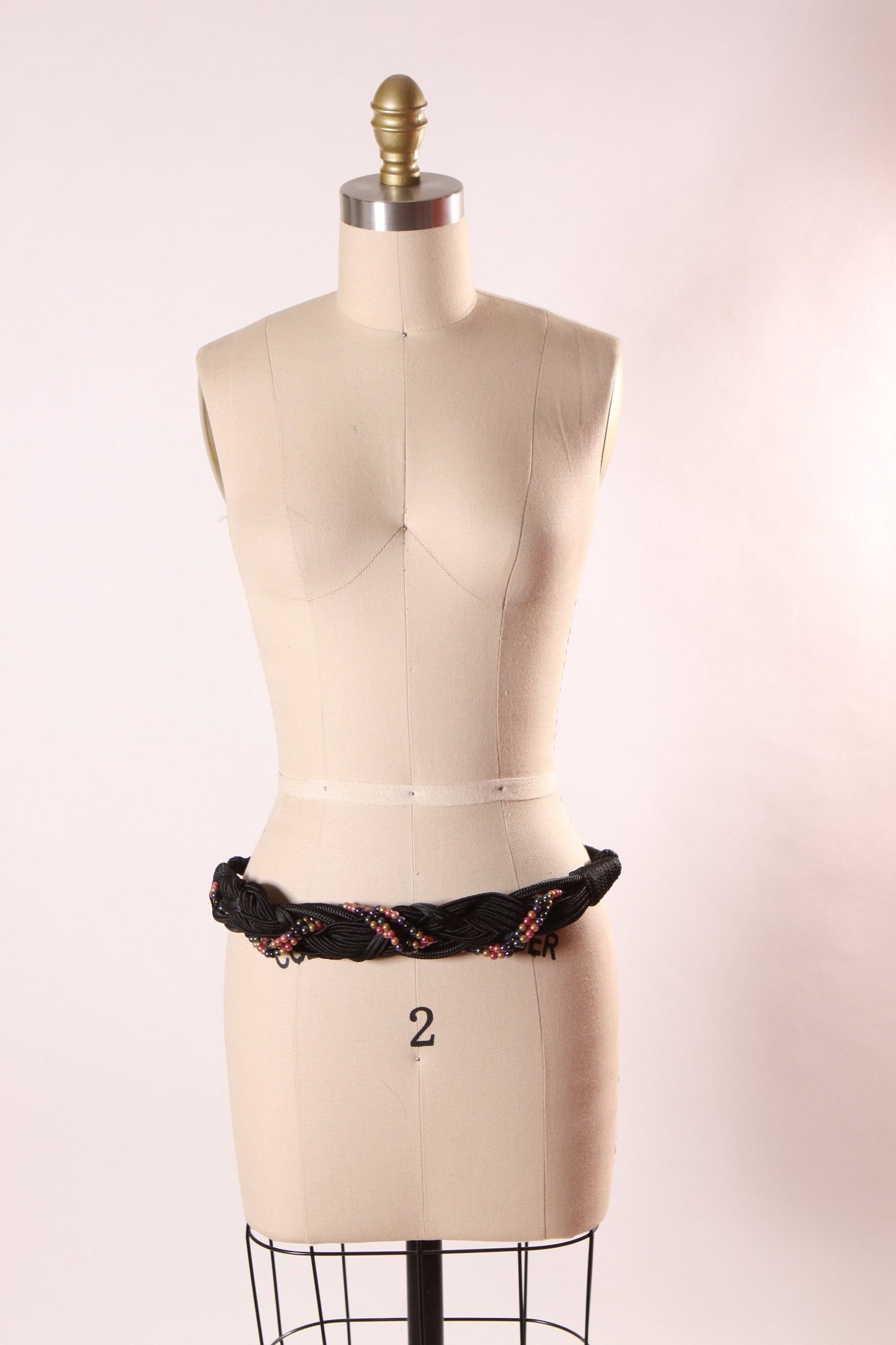 1980s Black Dark Pink Beaded Woven Belt