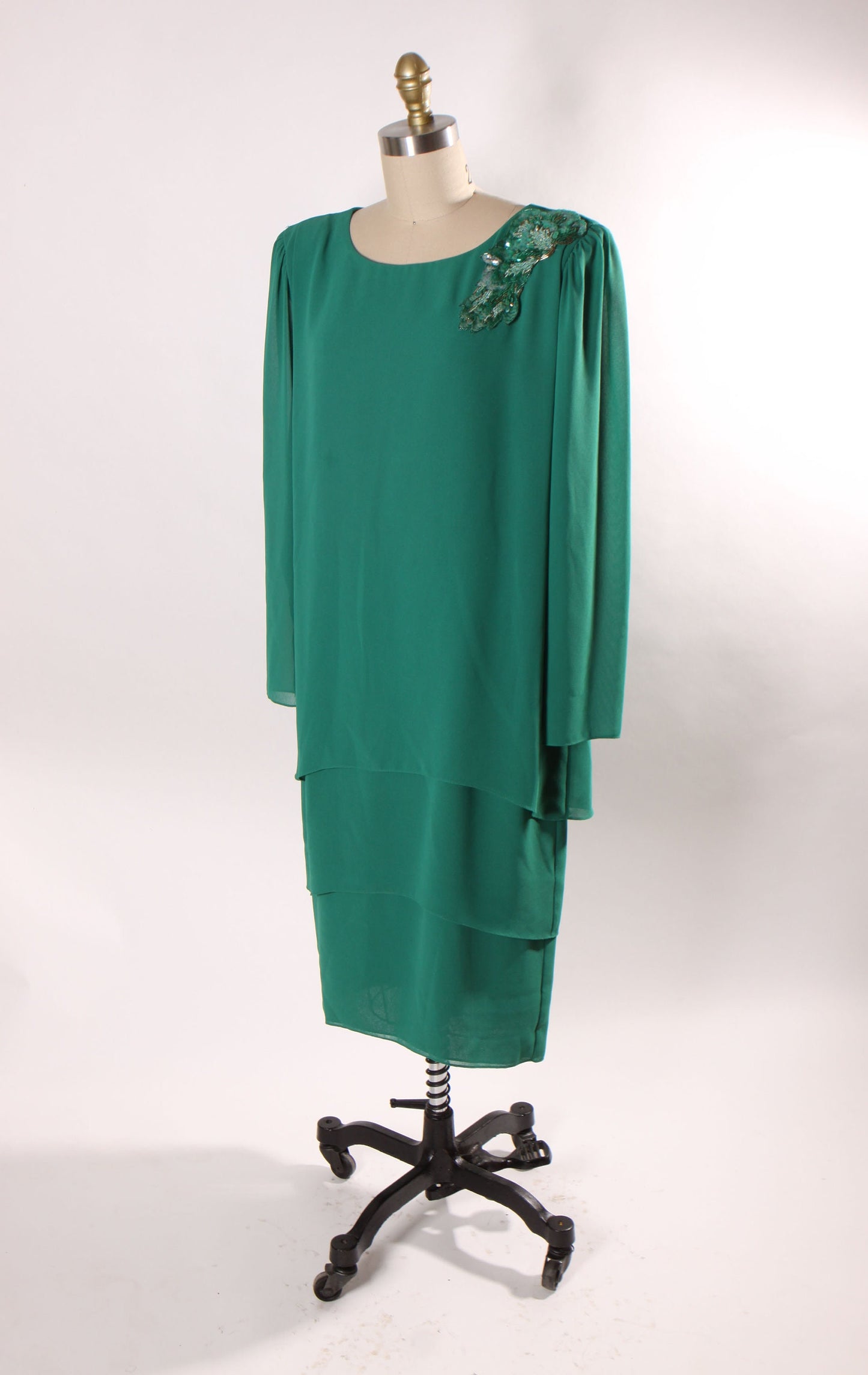 1980s Emerald Green Tiered Long Sleeve Sequin Shoulder Detail Formal Dress by Ursula -L