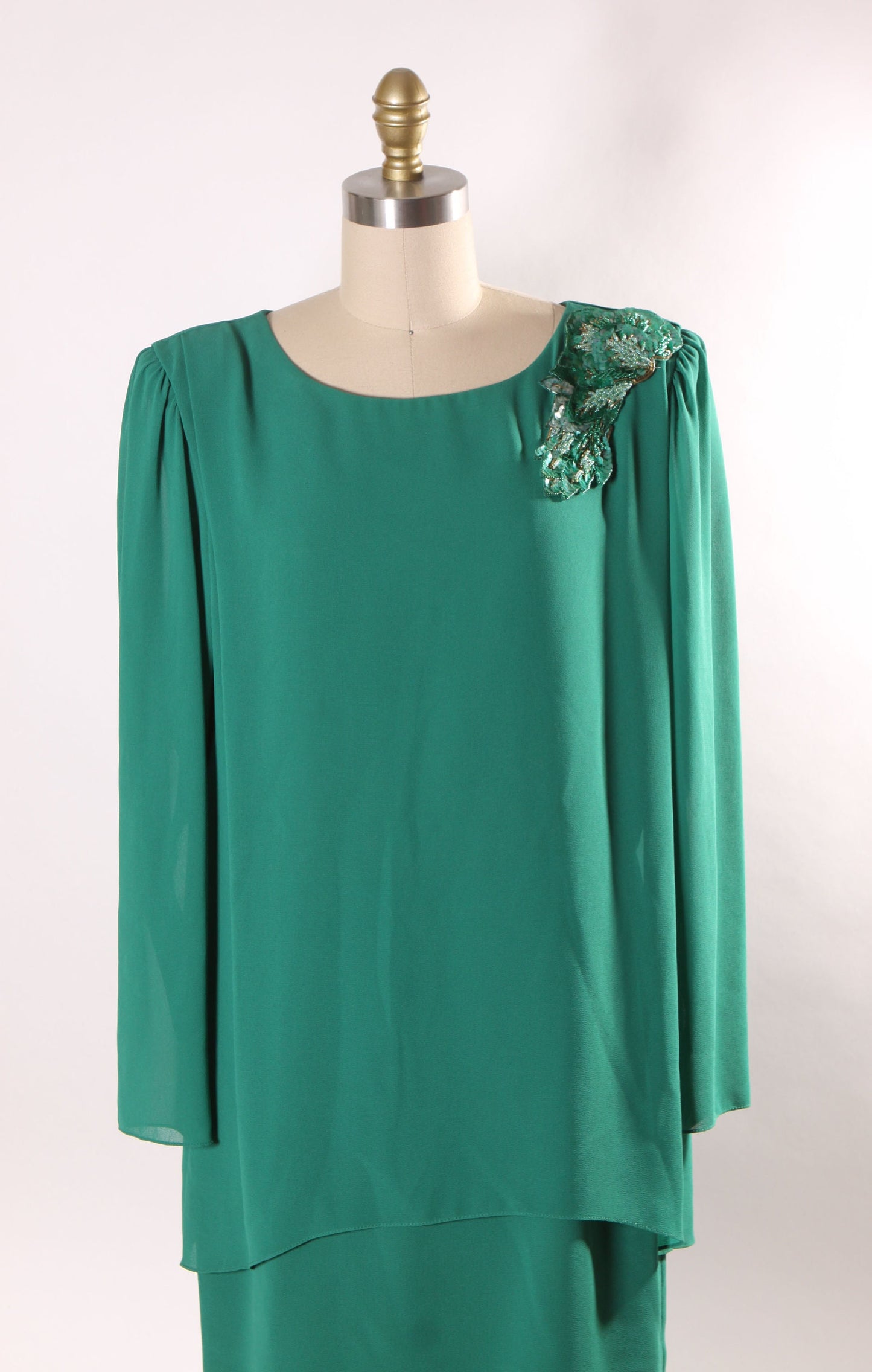 1980s Emerald Green Tiered Long Sleeve Sequin Shoulder Detail Formal Dress by Ursula -L