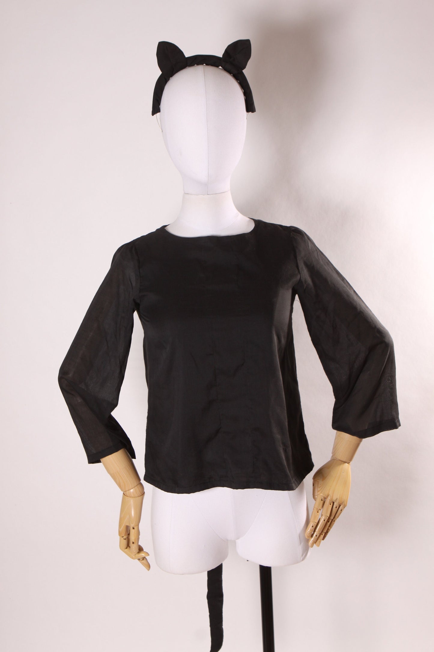 1970s Black Cat Long Sleeve Blouse with Cat Ear Headband Halloween Costume -S