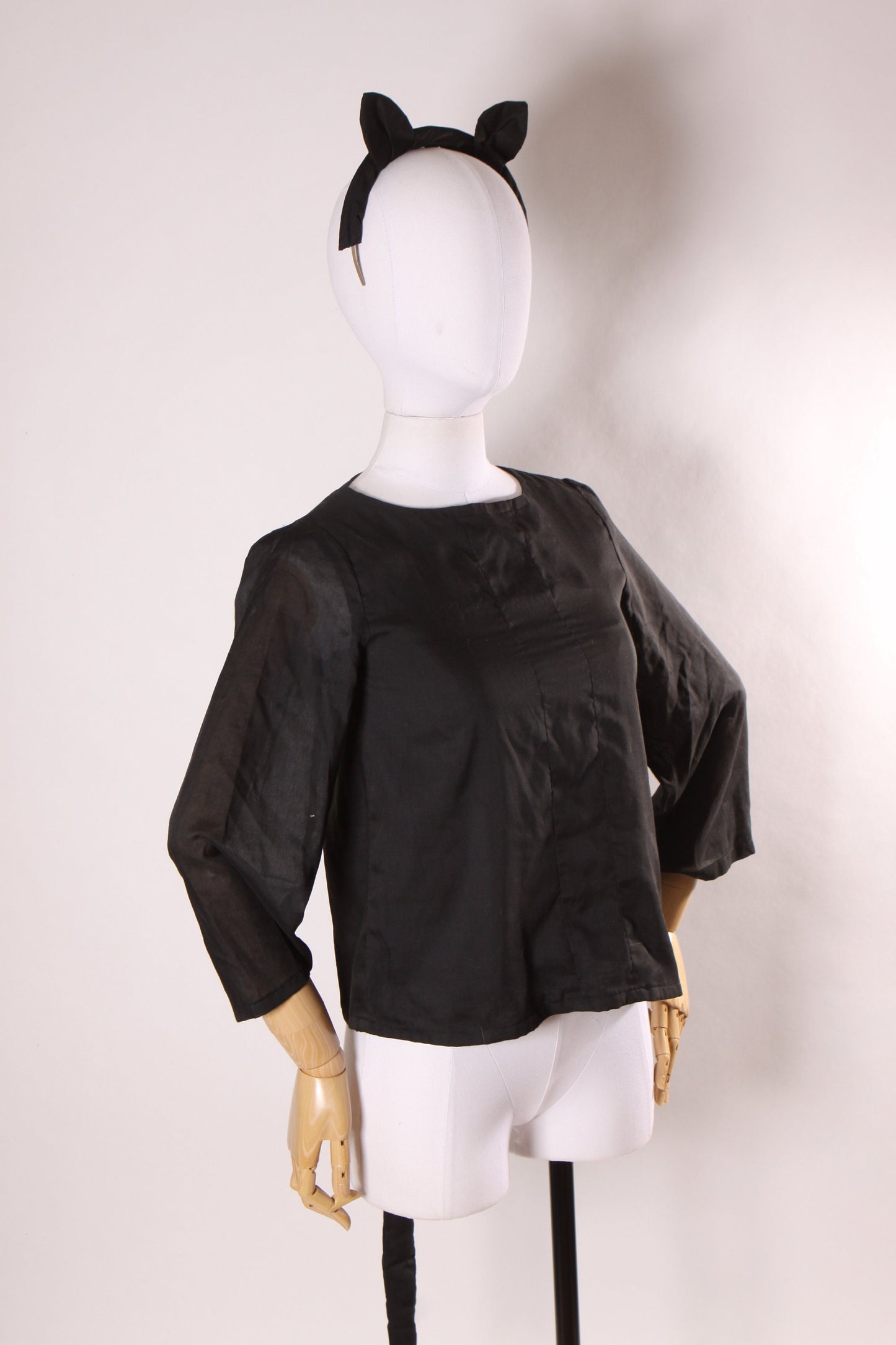 1970s Black Cat Long Sleeve Blouse with Cat Ear Headband Halloween Costume -S