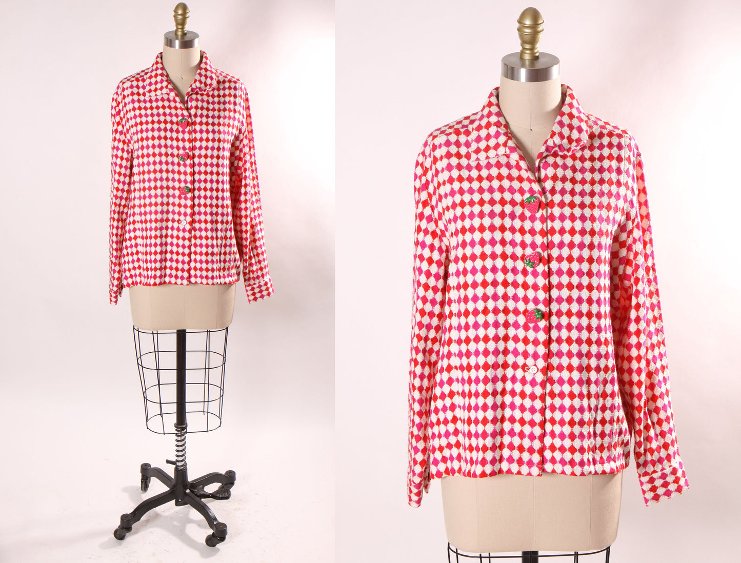 Late 1960s Early 1970s Pink, Red and White Harlequin Square Print Long Sleeve Strawberry Button Covers Blouse -L
