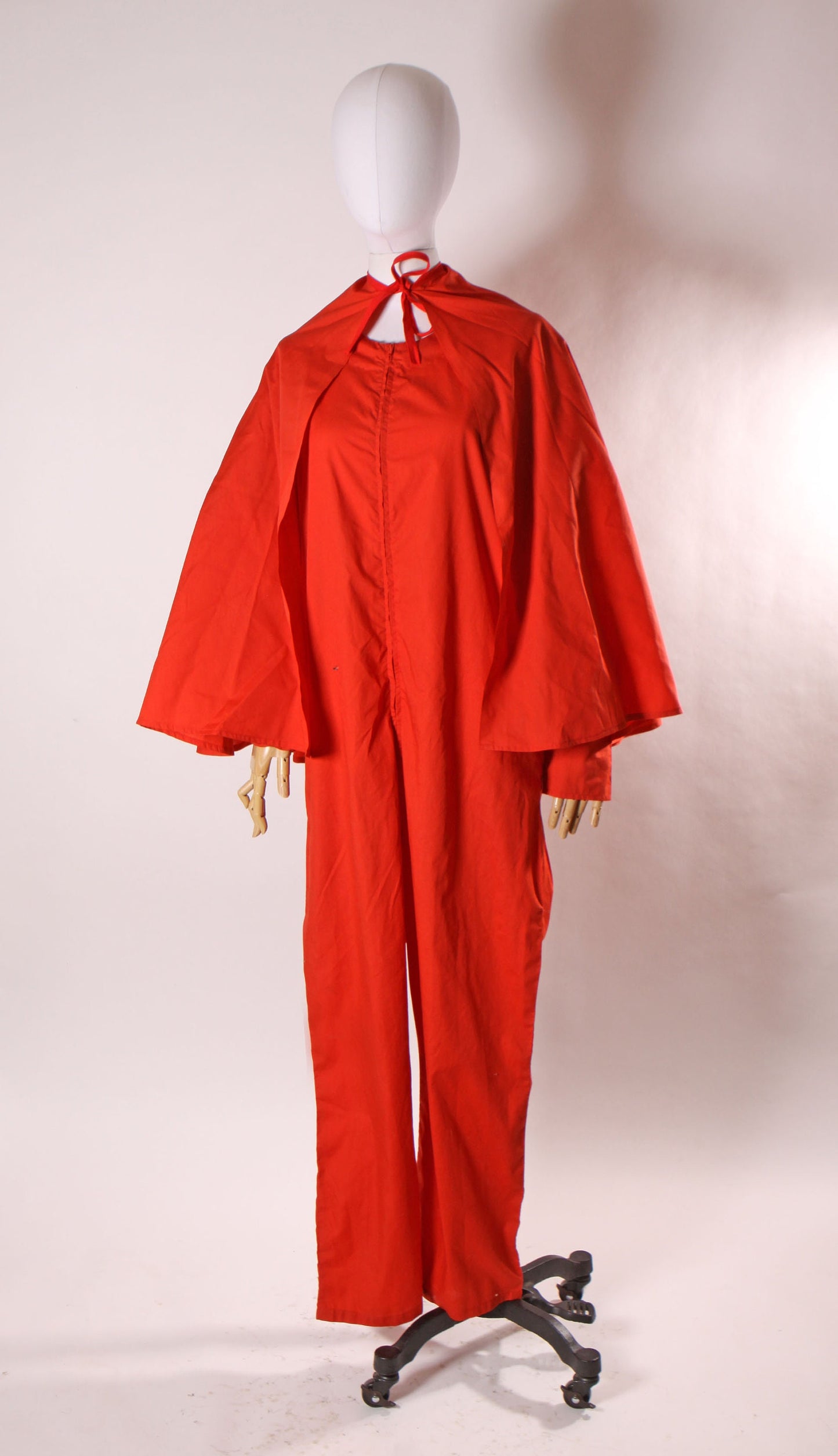 1970s 1980s Red Long Sleeve One Piece Jumpsuit with Matching Red Cape Pointed Tail Devil Costume -M